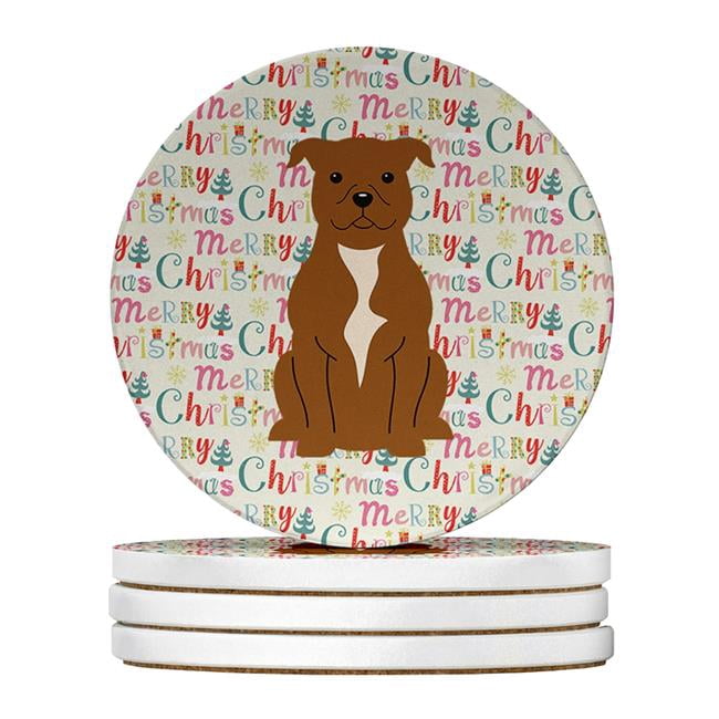 Merry Christmas Staffordshire Bull Terrier Brown Large Sandstone Coasters Pack of 4 4 in x 4 in