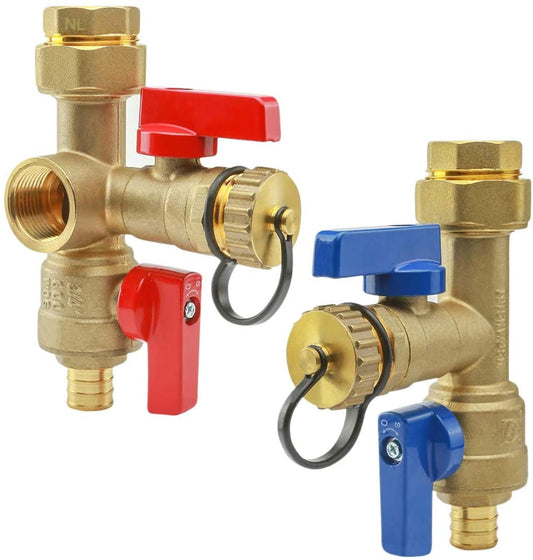 Midline Valve Tankless Water Heater Kit- Set of 2 Heavy Duty Hot and Cold Isolation Valves with Cleanouts, Lead-Free, Full Port, Water Shut-off, Forged Brass, 3/4 in. Pex Connections