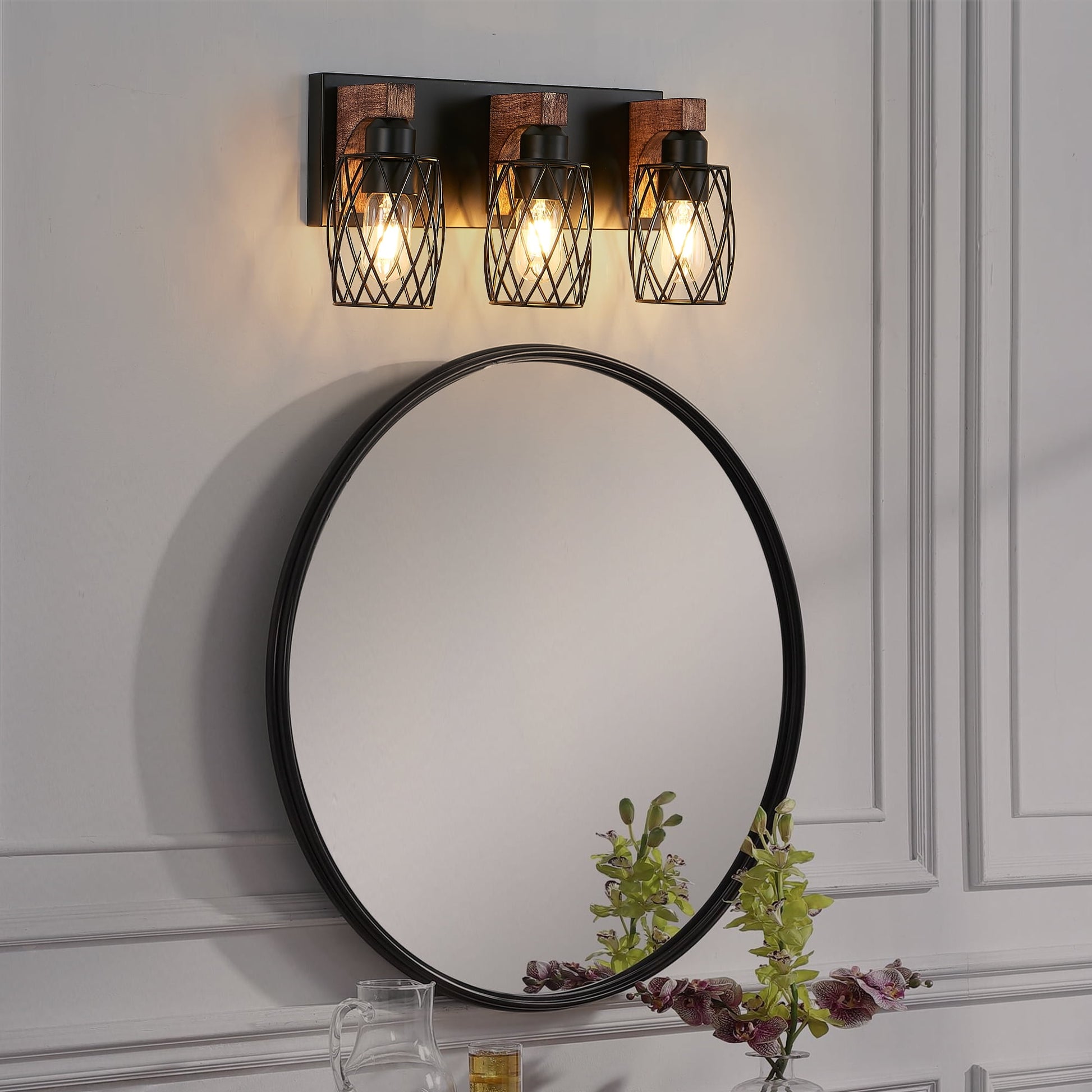 Miniyam 31 in. W 5 Lights Vanity Light Industrial Walnut Black Wall Sconce Black Cage Lighting Fixture for Bathroom Over Mirror, E26, No Bulbs Included