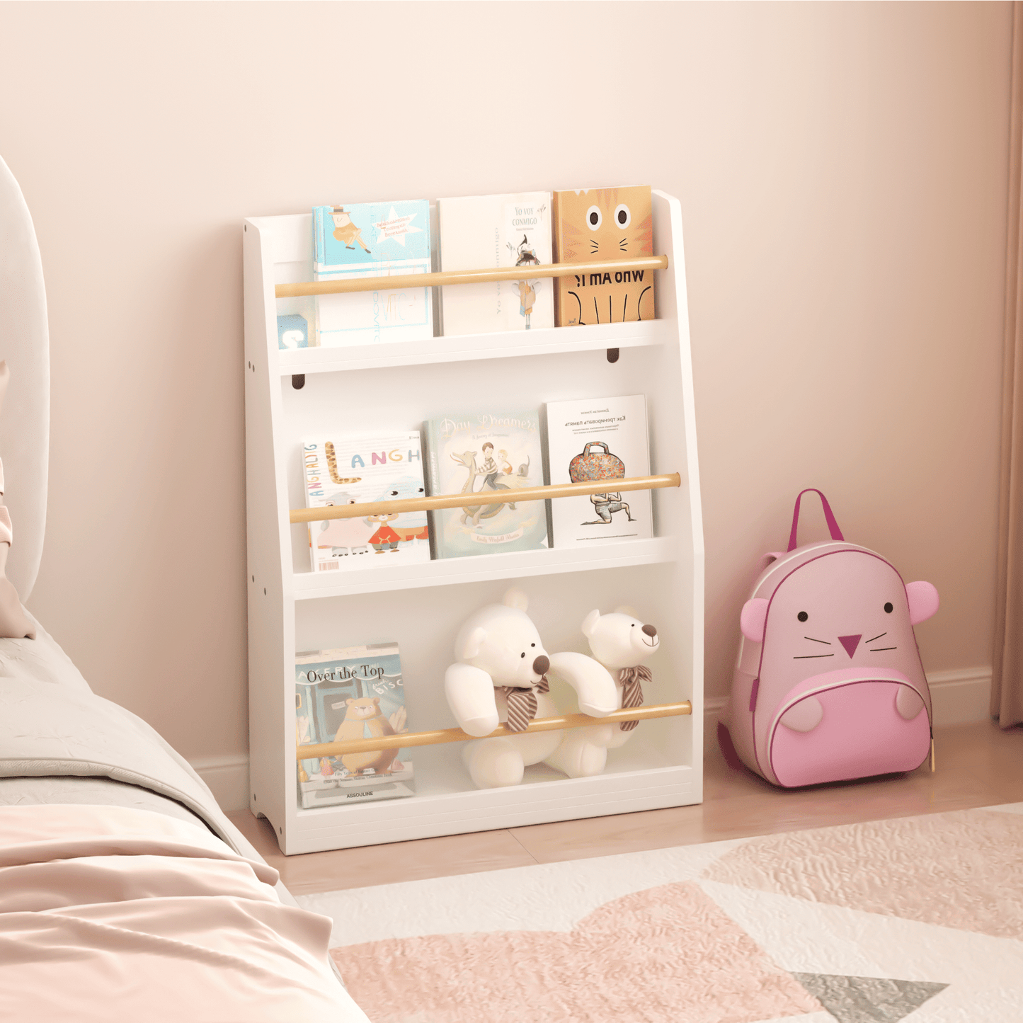 Miniyam 3-Tier Wooden Bookshelf with Toy Storage for Kid, White