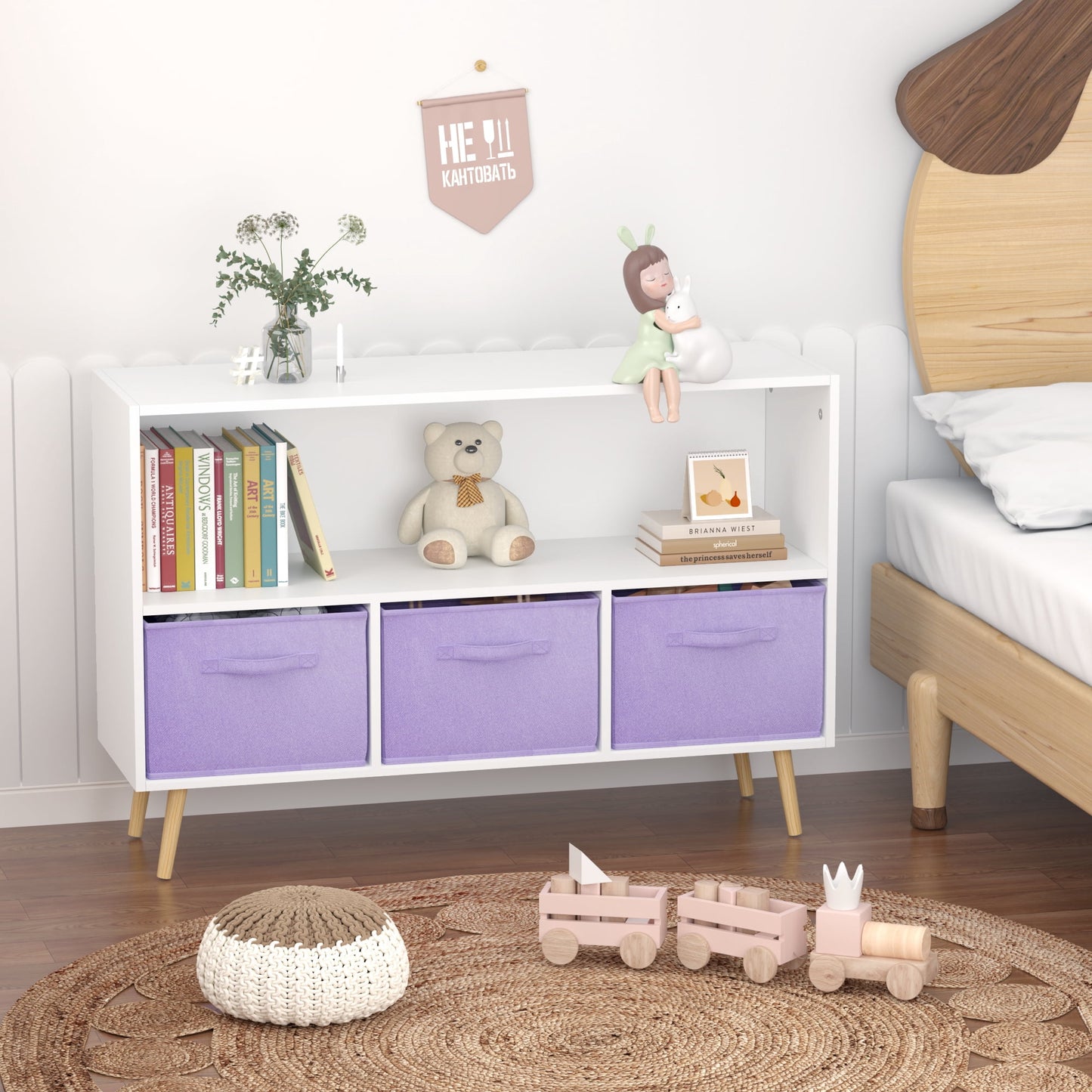 Miniyam Kids Bookcase with 3 Fabric Drawers Toy Storage for Playroom, Blue