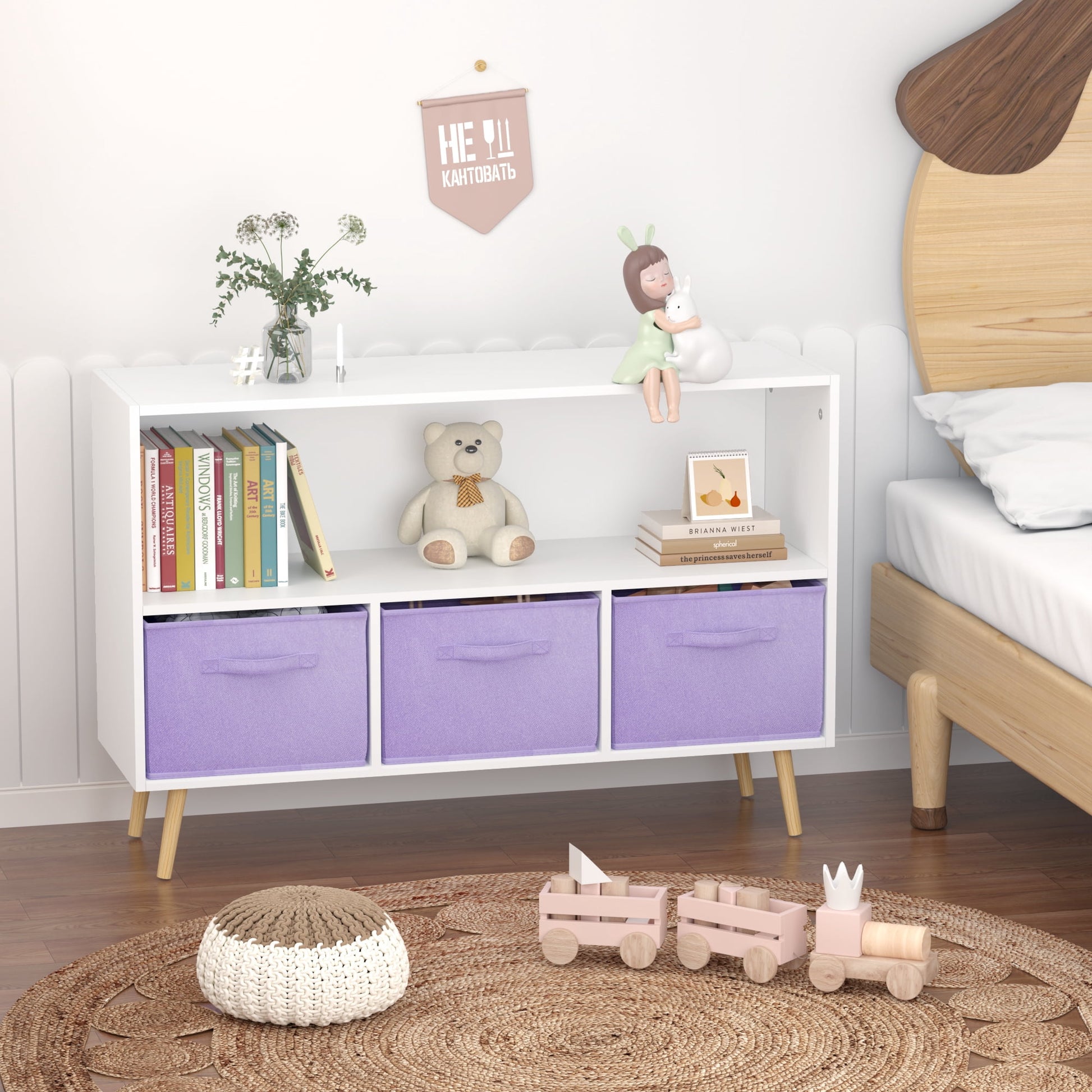 Miniyam Kids Bookcase with 3 Fabric Drawers Toy Storage for Playroom, Blue