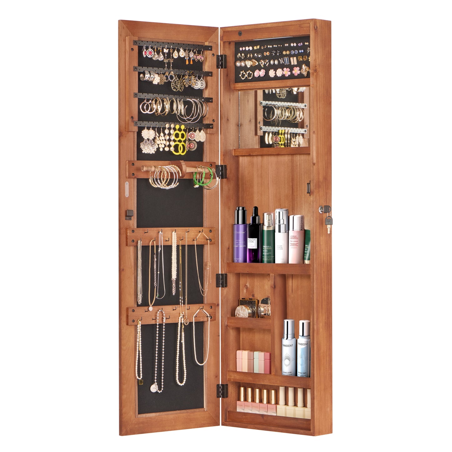 Mintazer Full-Length Mirror Jewelry Cabinet Armoire with LED Lighting & Storage, 2-in-1 Wall/Door Mount Lockable Jewelry Armoire Organizer, Brown