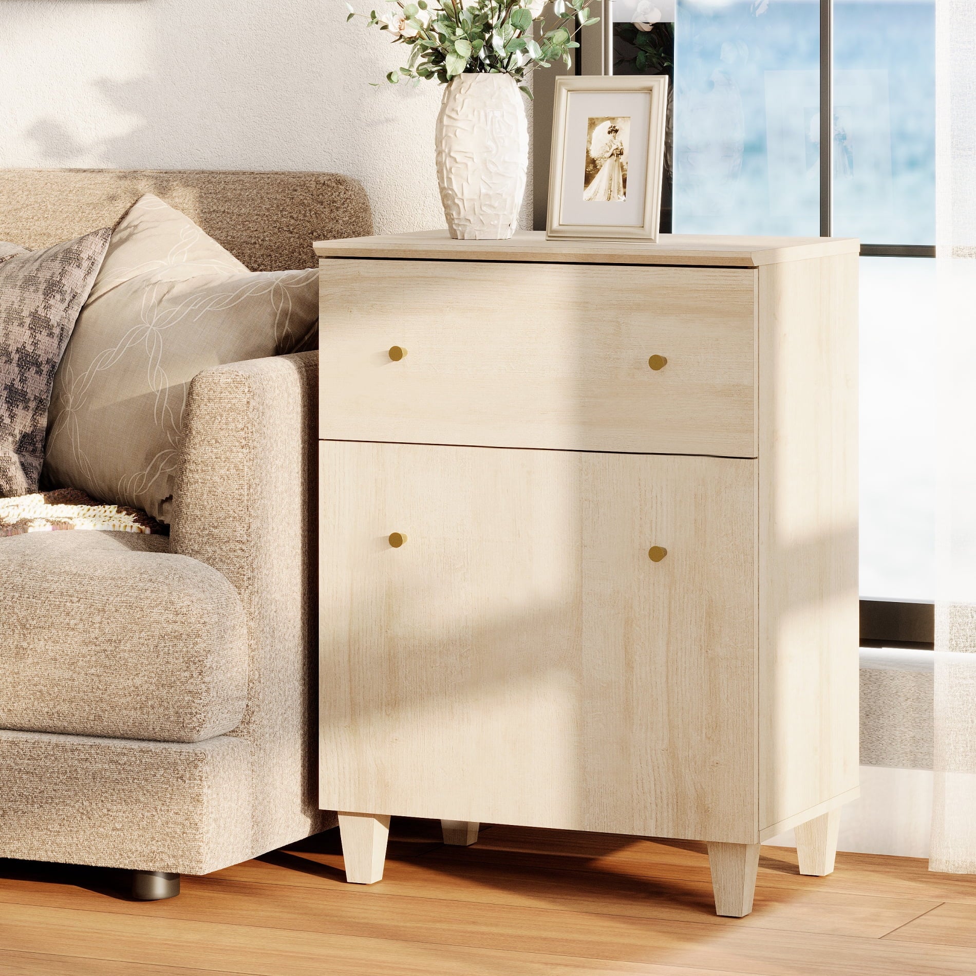 Modern End Table with Drawer and Cabinet, Large Side Table with Adjustable Storage Shelf, Wooden Nightstand for Living Room, Light Oak