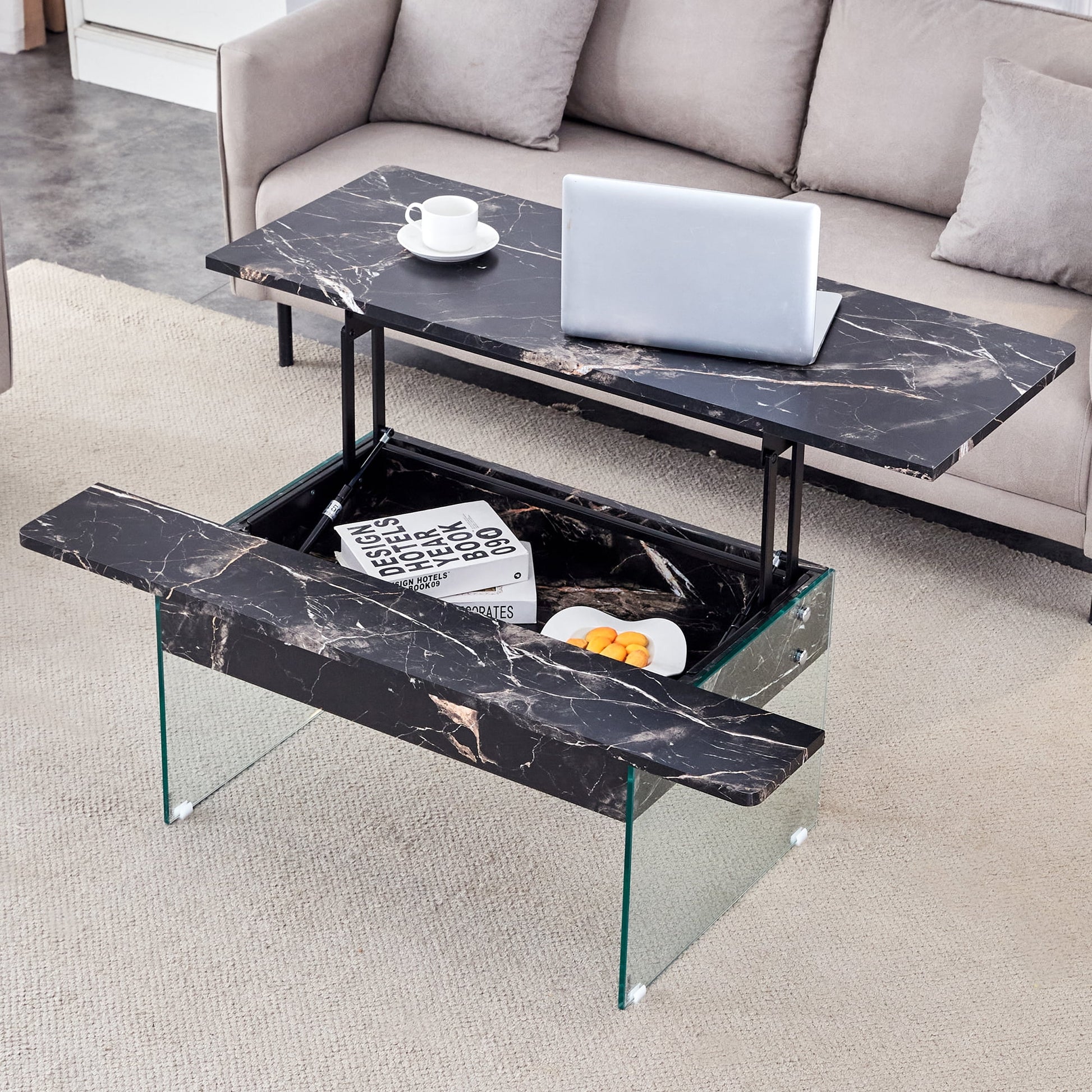 Multifunctional Lift Top Coffee Table -Black Marble Pattern, Essential for Modern Homes.Tempered Glass Legs,Lift Top Feature.Perfectly Fitting Into Both Living Rooms And Office.