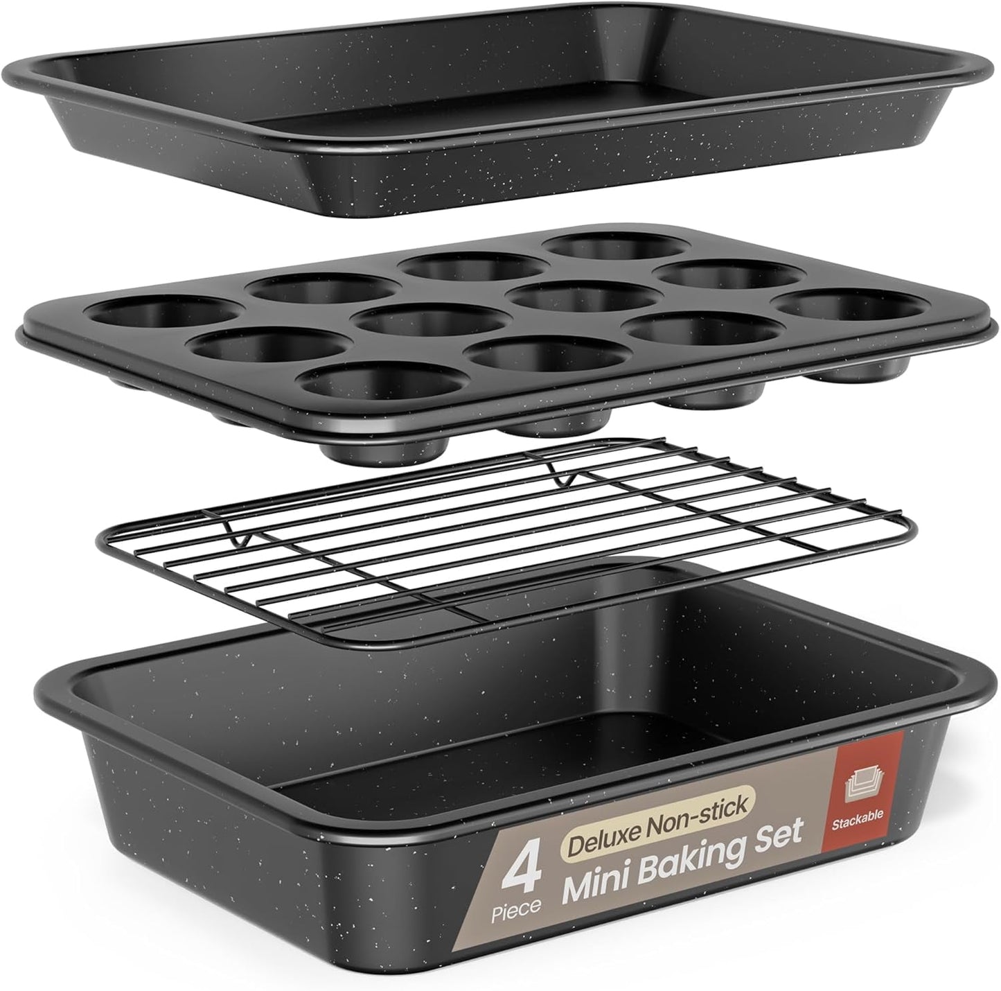 Bakken 4-Piece Bakeware Sets, Nonstick Carbon Steel Baking Sheet, Stackable Space-Saving Bakeware, Dishwasher Safe, Oven Safe 450Â°F, Gray Marble