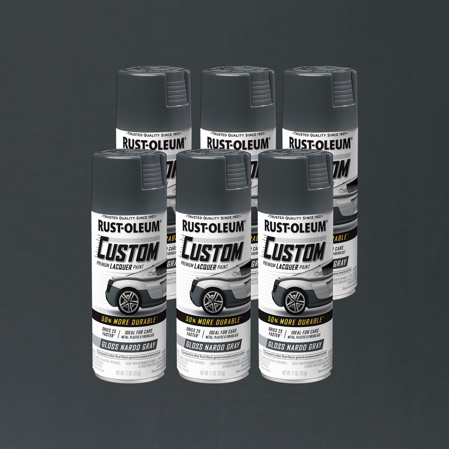 6 Pack, Nardo Gray, Rust-Oleum Automotive Custom Lacquer Gloss Spray Paint-363515, 11 oz