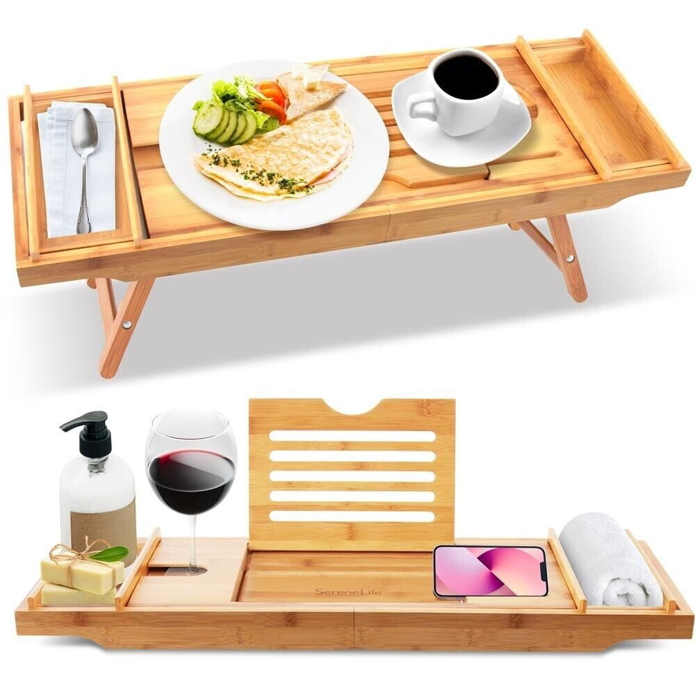 SereneLife SLBCAD50.5 - Natural Bamboo Bathtub Caddy - Shower Tub Caddy Tray with Adjustable Length