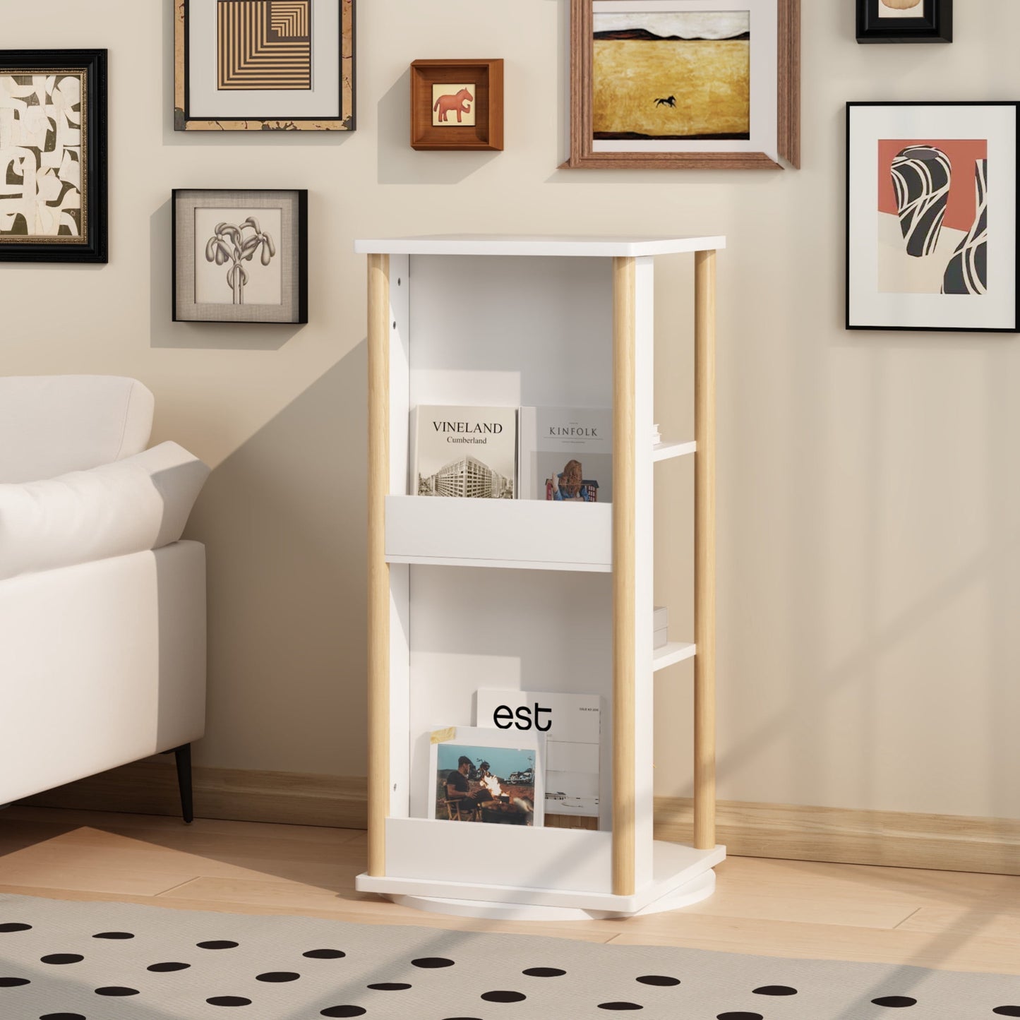 Noble House 360Â° Rotating Kids Bookshelf, 3-Tier Revolving Bookcase with Chalkboard & Storage, White and Natural