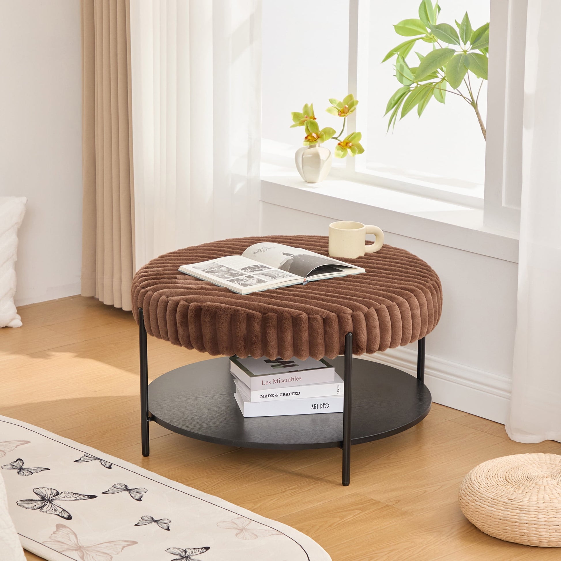 Noble House Camlyn 30.9" Faux Fur Round Ottoman Coffee Table, Footrest with Black Metal Legs & Storage Shelf, Brown