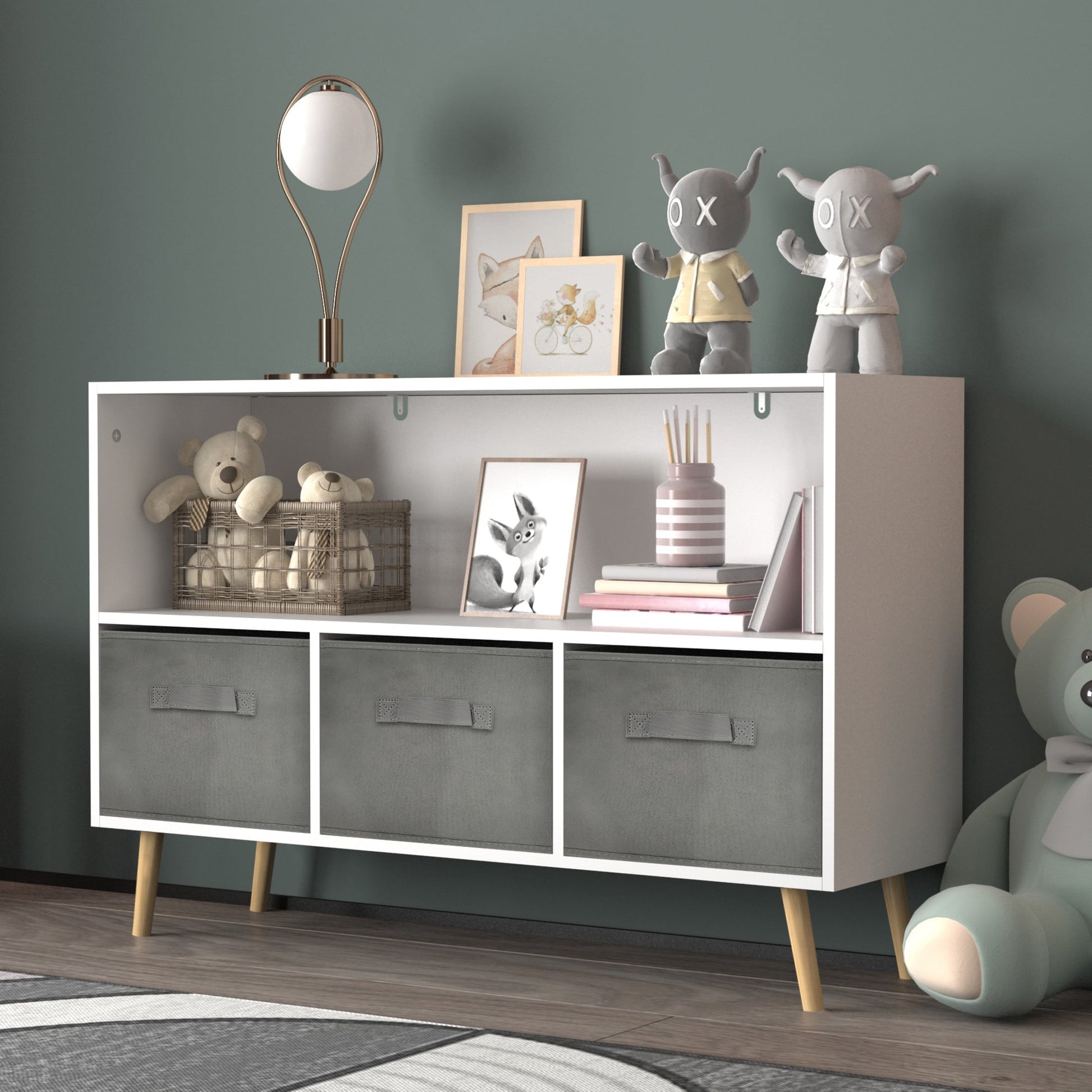 Noble House Kids Bookcase with Fabric Bins, Pine Toy Storage Organizer Shelf, Children's Book Display, White and Gray