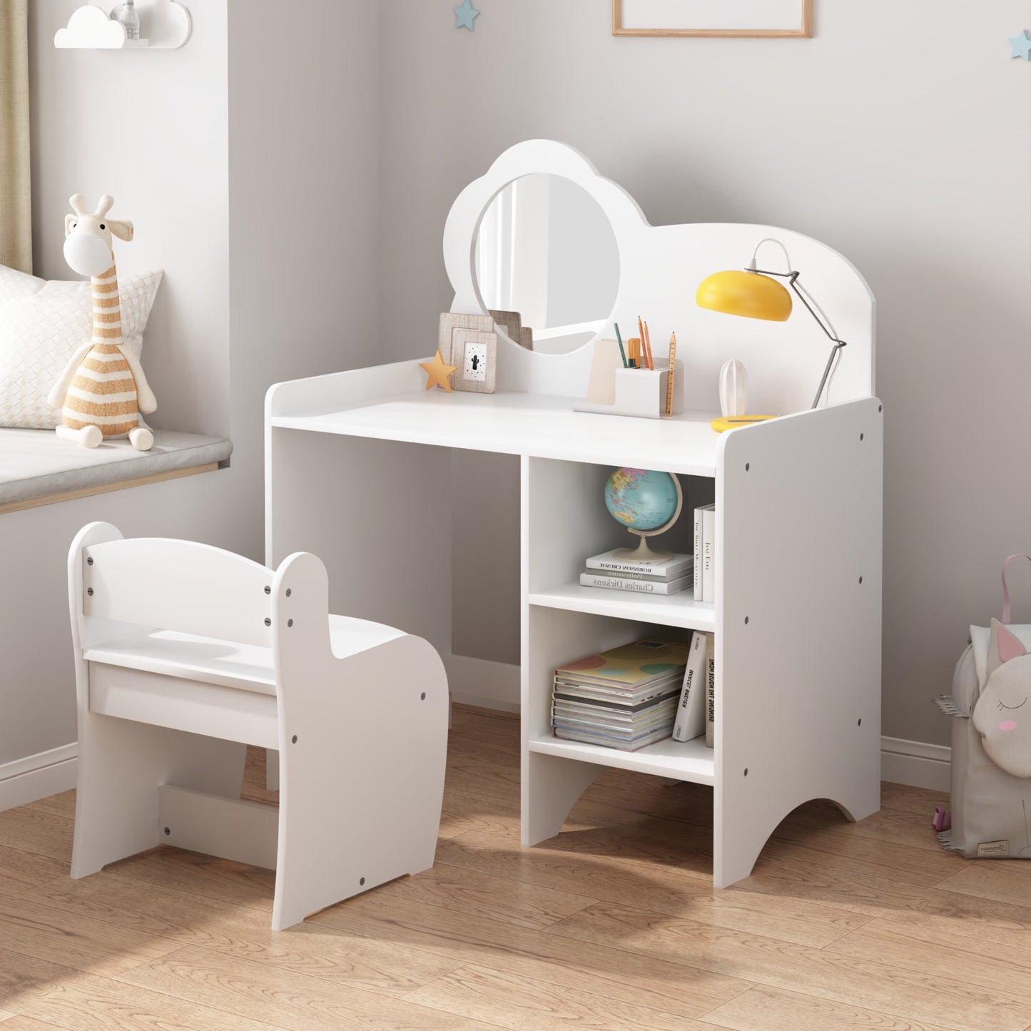 Noble House Kids Vanity Table with Mirror and Chair, Wooden Makeup Desk with Shelves for Bedroom or Playroom, White