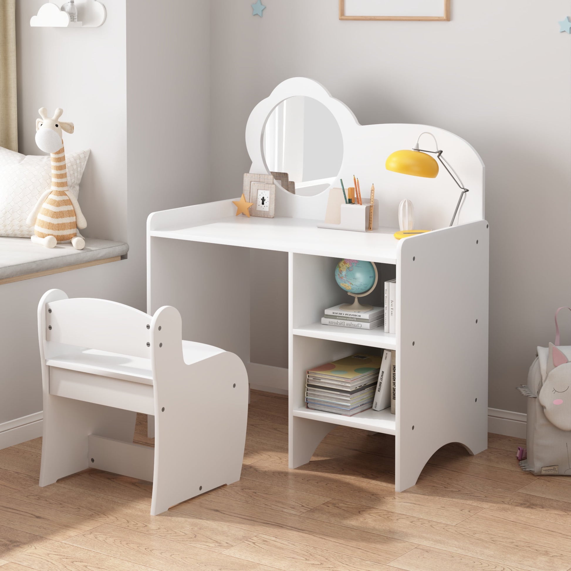 Noble House Kids Vanity Table with Mirror and Chair, Wooden Makeup Desk with Shelves for Bedroom or Playroom, White