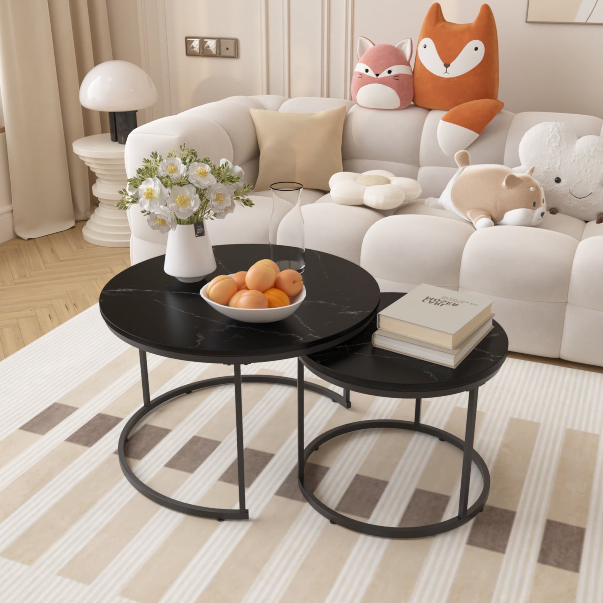Noble House Lazura 27.6" Marble Look Nesting Coffee Table Set, Round MDF Top with Metal Base, Black, Set of 2