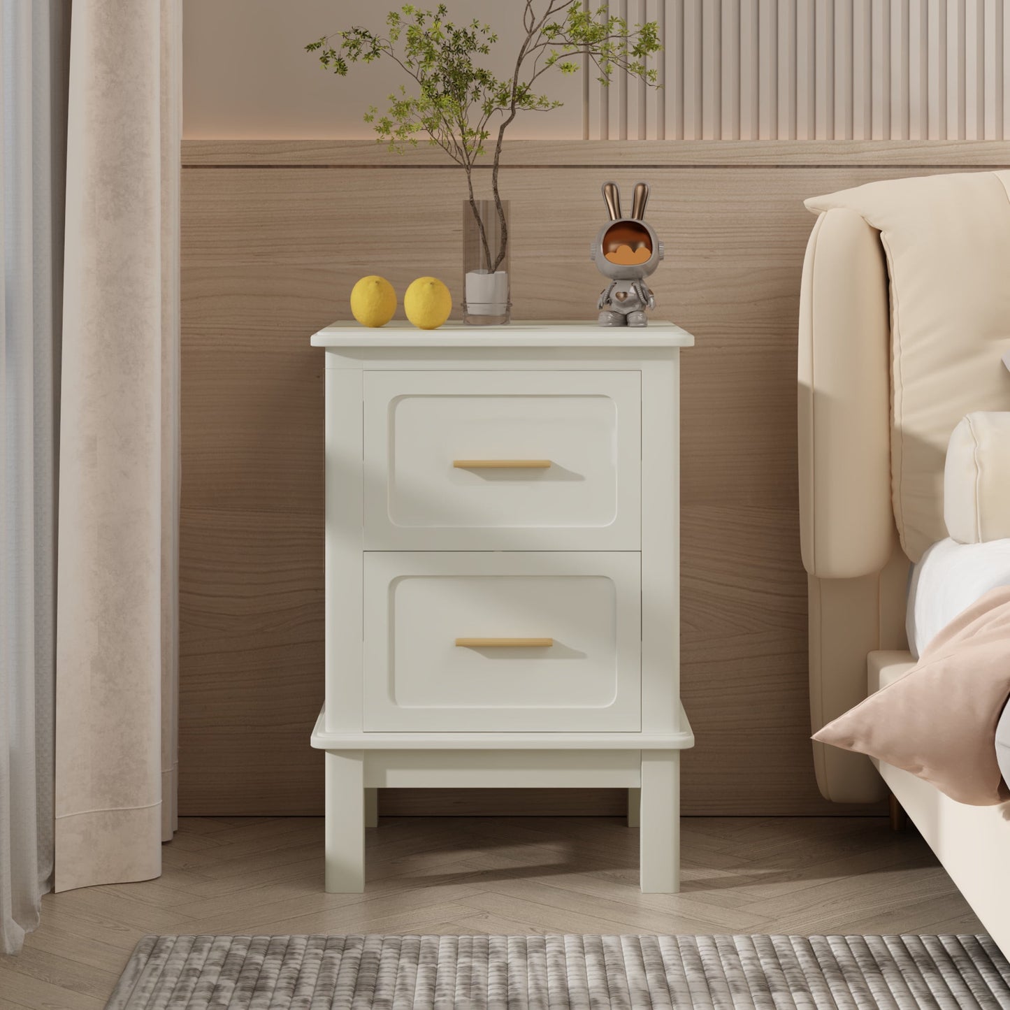 Noble House Misty 16" Modern 2-Drawer Nightstand with Gold Handles, Sturdy Accent Table for Small Spaces, Cream White
