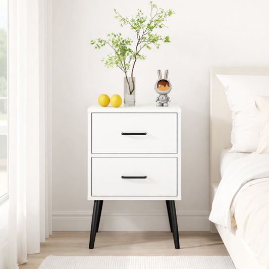 Noble House Misty 16" Modern 2-Drawer Nightstand with Tapered Metal Legs, Small End Table for Bedroom, White