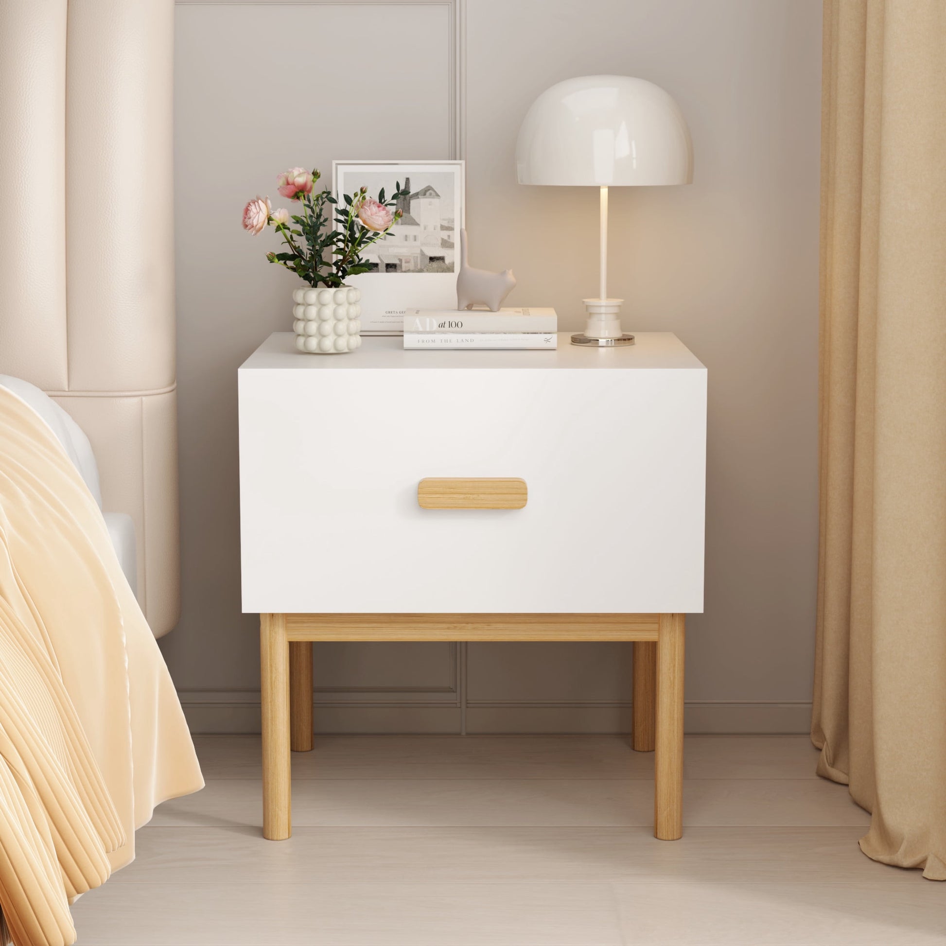 Noble House Modern Nightstand with Drawer, Minimalist Bedside Table with Pine Wood Legs, for Bedroom, Apartment, White