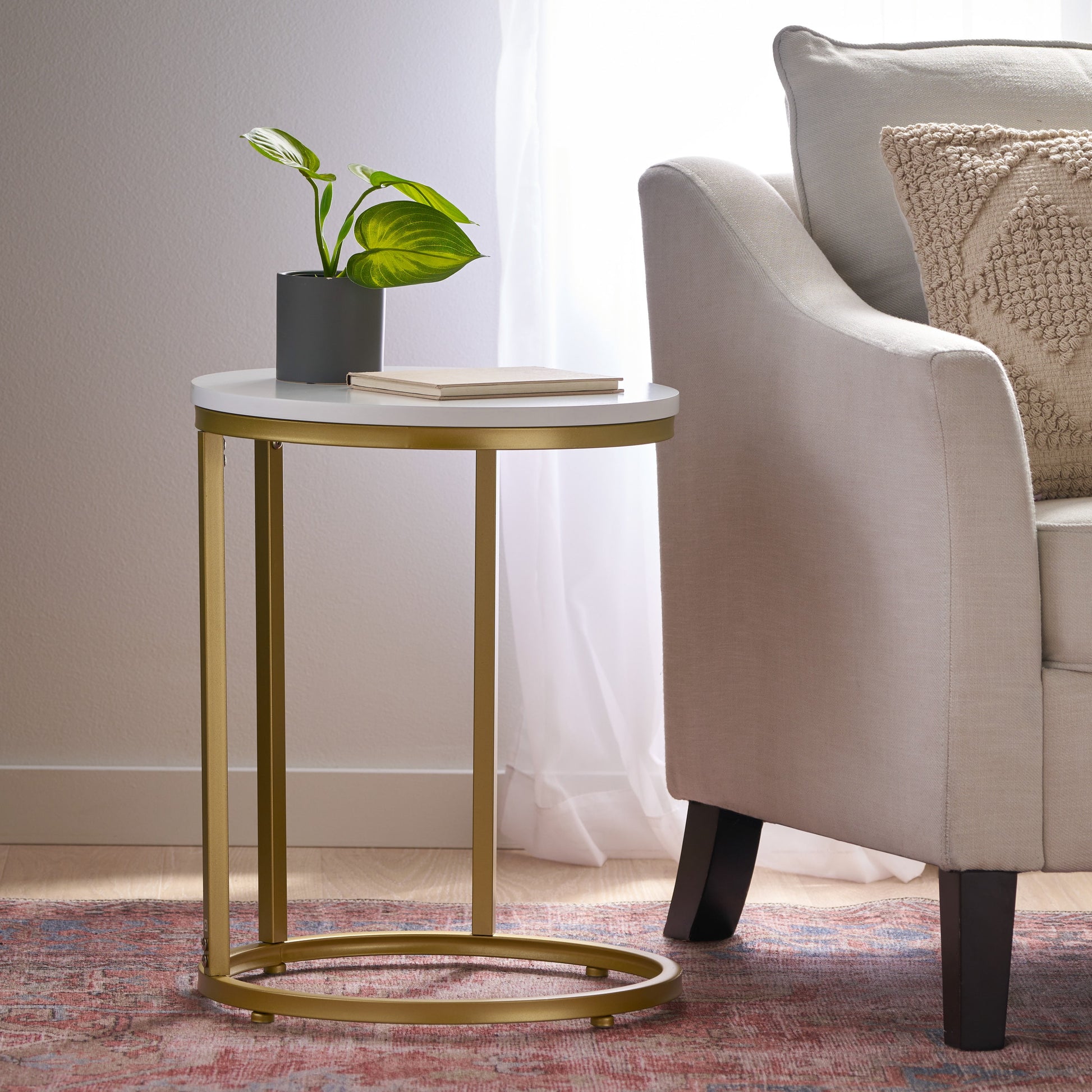 Noble House Specter Iron C-Shaped End Table with Tempered Glass, Gold and White