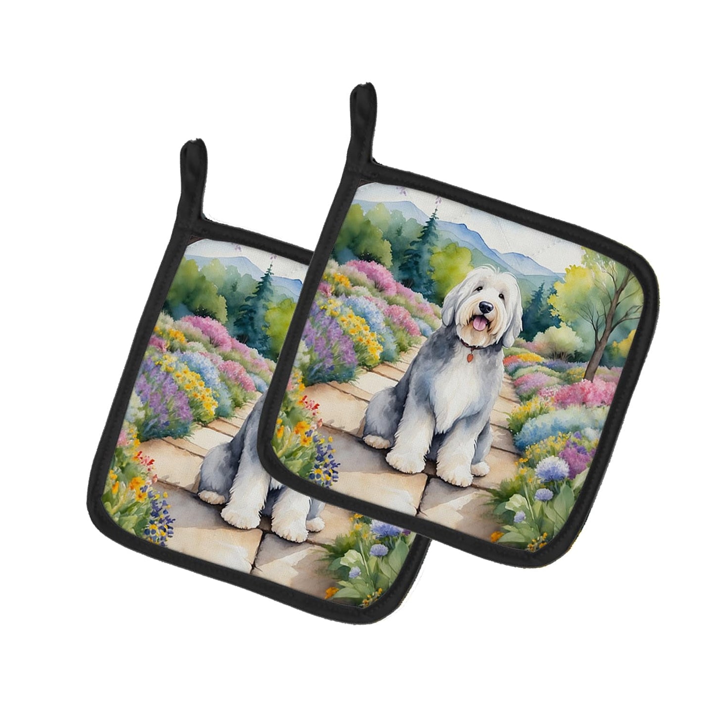 Old English Sheepdog Spring Path Pair of Pot Holders 7.5 in x 7.5 in