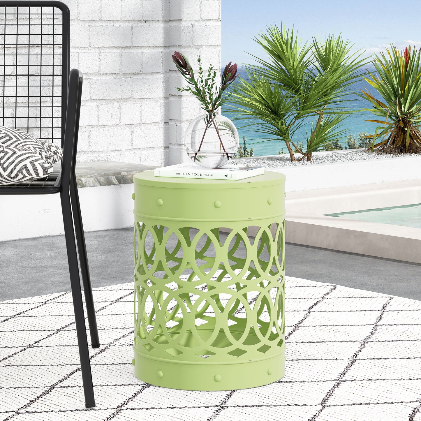 Outdoor Large Cylindrical Side Table, Overlapping Circle Pattern Metal Tabletop for Patio Garden, Green