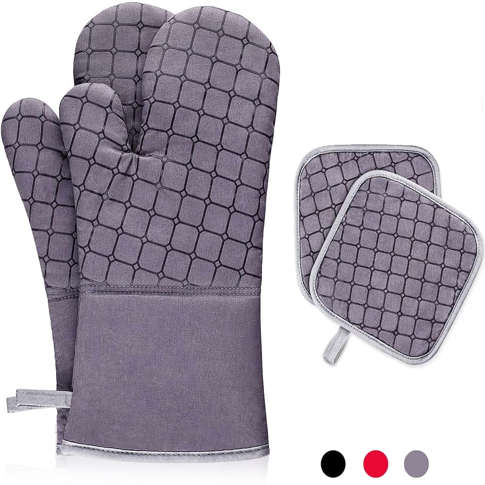 Oven Mitts and Pot Holders, 500â„‰ Heat Resistant Oven Mitt ,Oven Gloves with Kitchen Towels Soft Cotton Lining, Non-Slip Surface Cooking Gloves