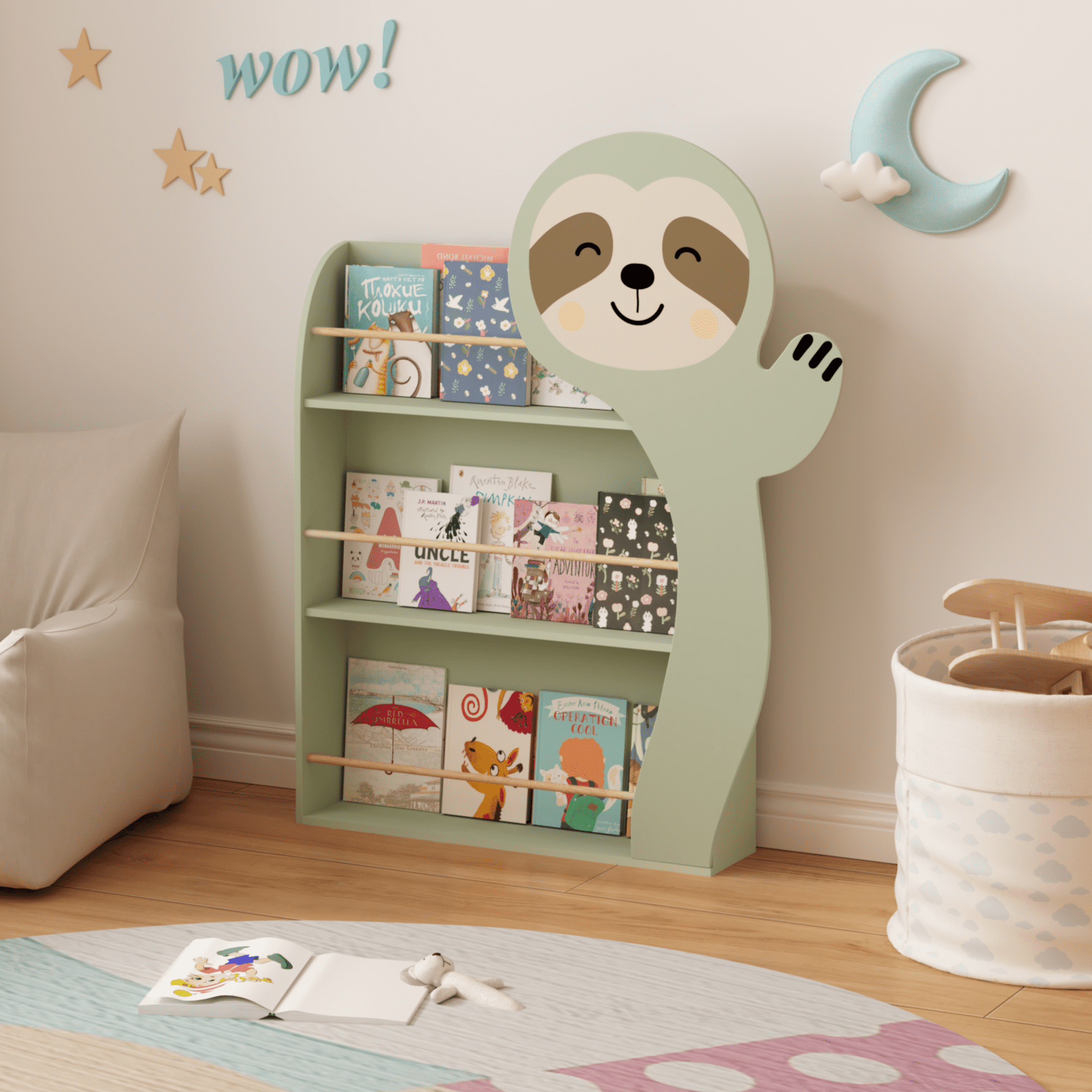 PORKISS Kids Bookshelf, 3 Tier Wooden Kids Bookcase, Sloth Bookshelf for Kids for Playroom, Bedroom, Children's Room, Green