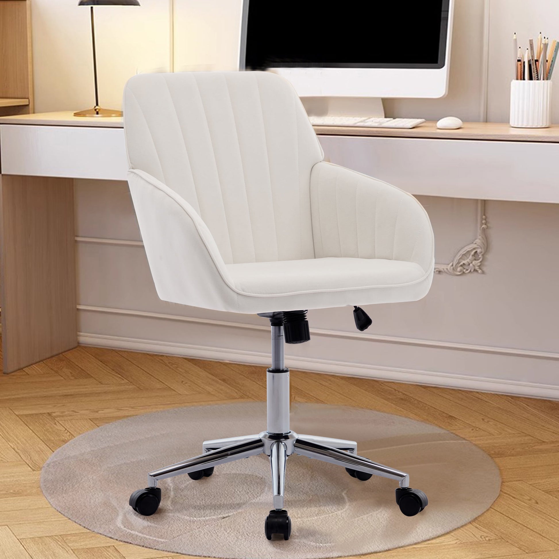 PORKISS Upholstered Desk Chair with Wheels, Ergonomic Adjustable Office Chair, Swivel Computer Task Chair with Velvet for Home Living Room Bedroom Workspace, Beige