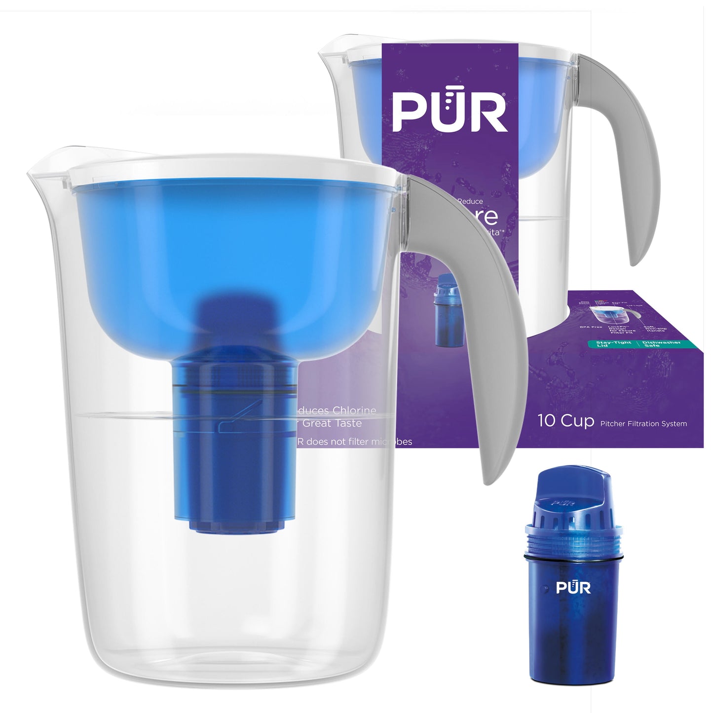 PUR Sistema de FiltraciÃ³n para Jarra de Agua de 10 Tazas, 10.2" de Ancho x 10.6" de Alto x 6.8" de Largo, Ãndigo, PPT001N