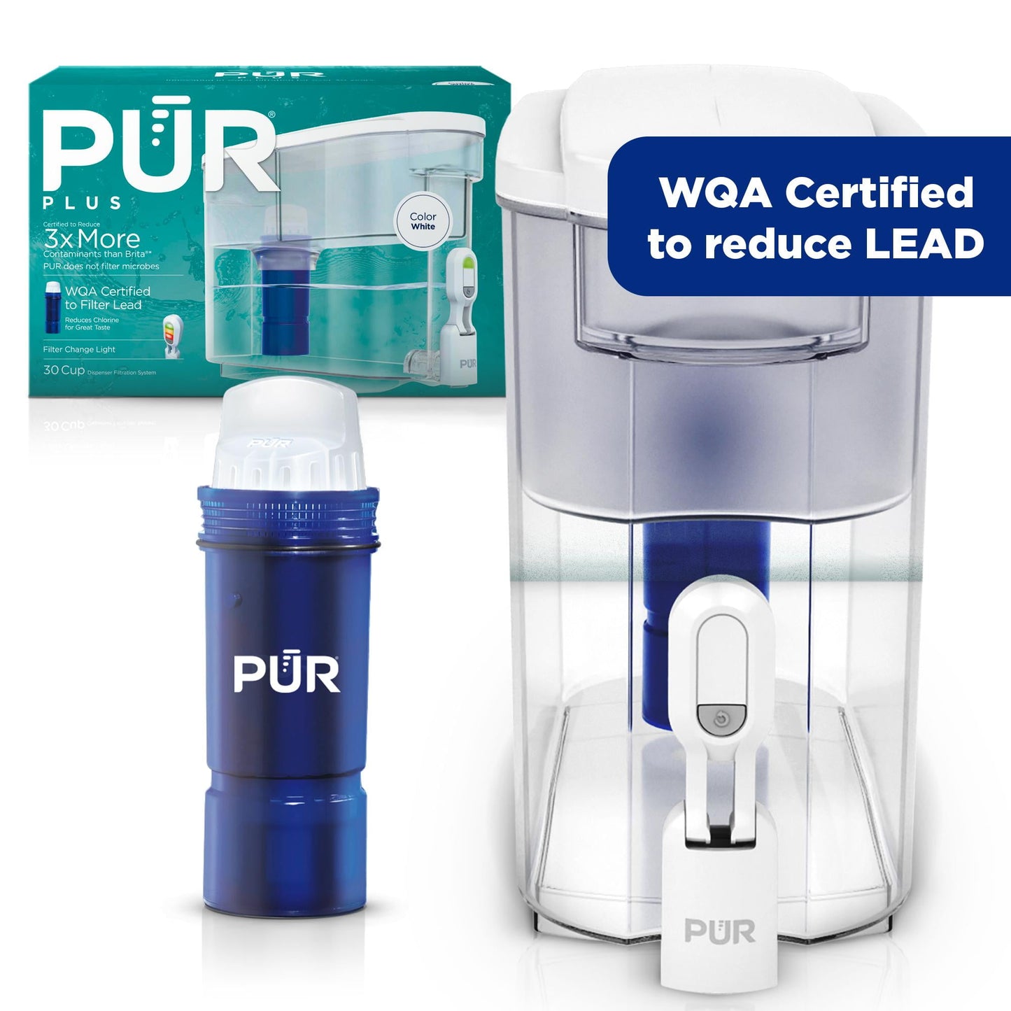 PUR PLUS 30-Cup Water Filter Dispenser with 1 Lead-Reducing PUR PLUS Filter, Dishwasher Safe, Powerful Filtration, Large Capacity with Slim, Space-Saving Design, Smoke (DS1811B)