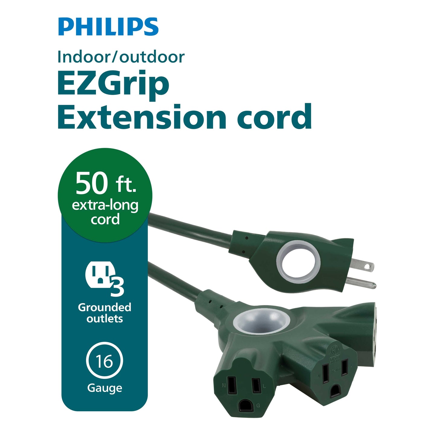 Philips EZGrip 50FT Green Outdoor Extension Cord  3 Prong with Multiple Outlets, 16AWG
