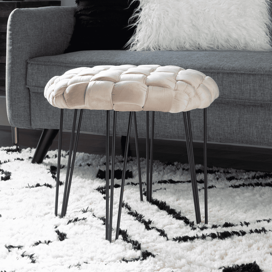 Powell Anya Round Handwoven Velvet Ottoman with Hairpin Legs, Cream