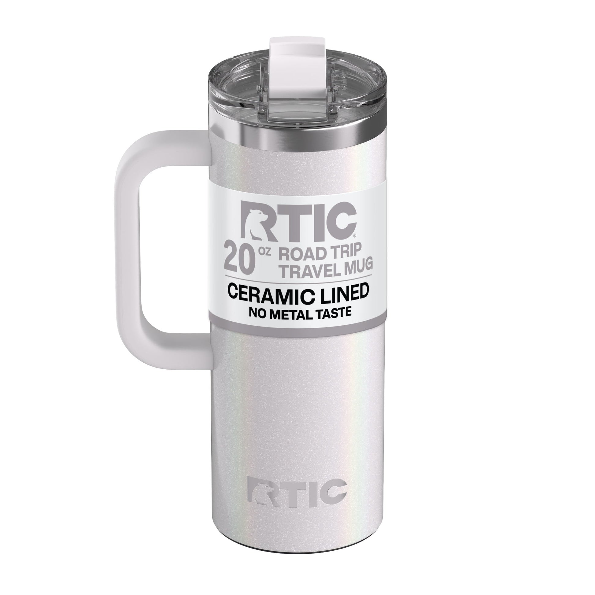 RTIC 20 oz Ceramic Lined Insulated Road Trip Travel Mug with Leak-Resistant Lid, White Glitter