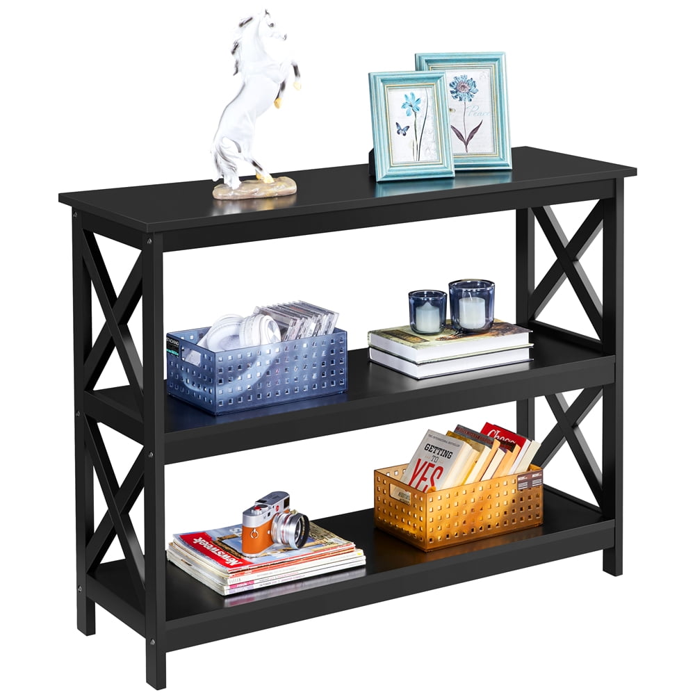 Renwick 3-Tier Wooden X-Design Console Table with Storage Shelves for Living Room, Black