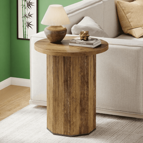 Retro Pedestal End Table, Round Top, MDF Construction for Living Room/Bedroom/Small Spaces