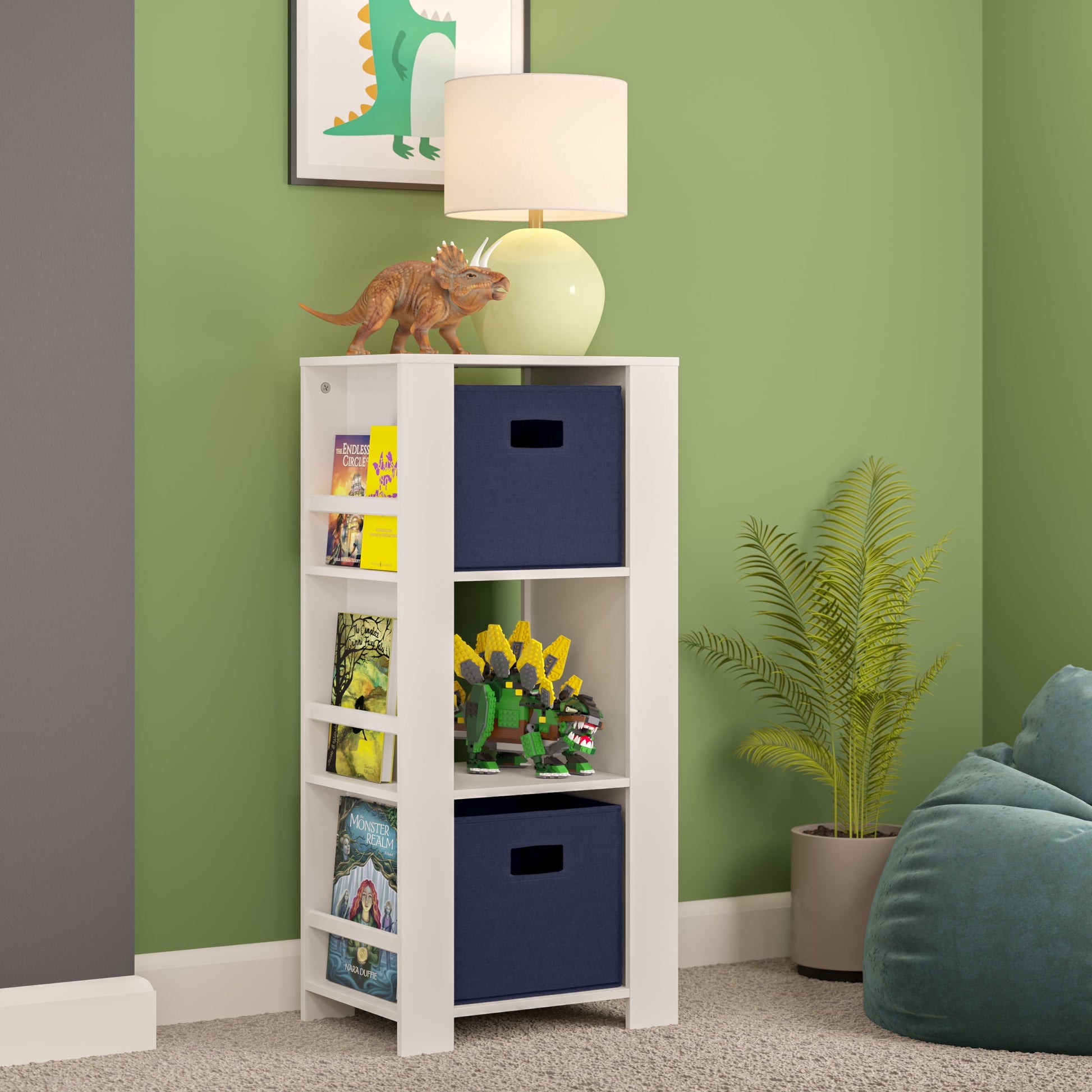 RiverRidge Kids Bookshelf Toy Organizer Tower with 3 Cubbies 6 Bookracks and 2 Navy Bins