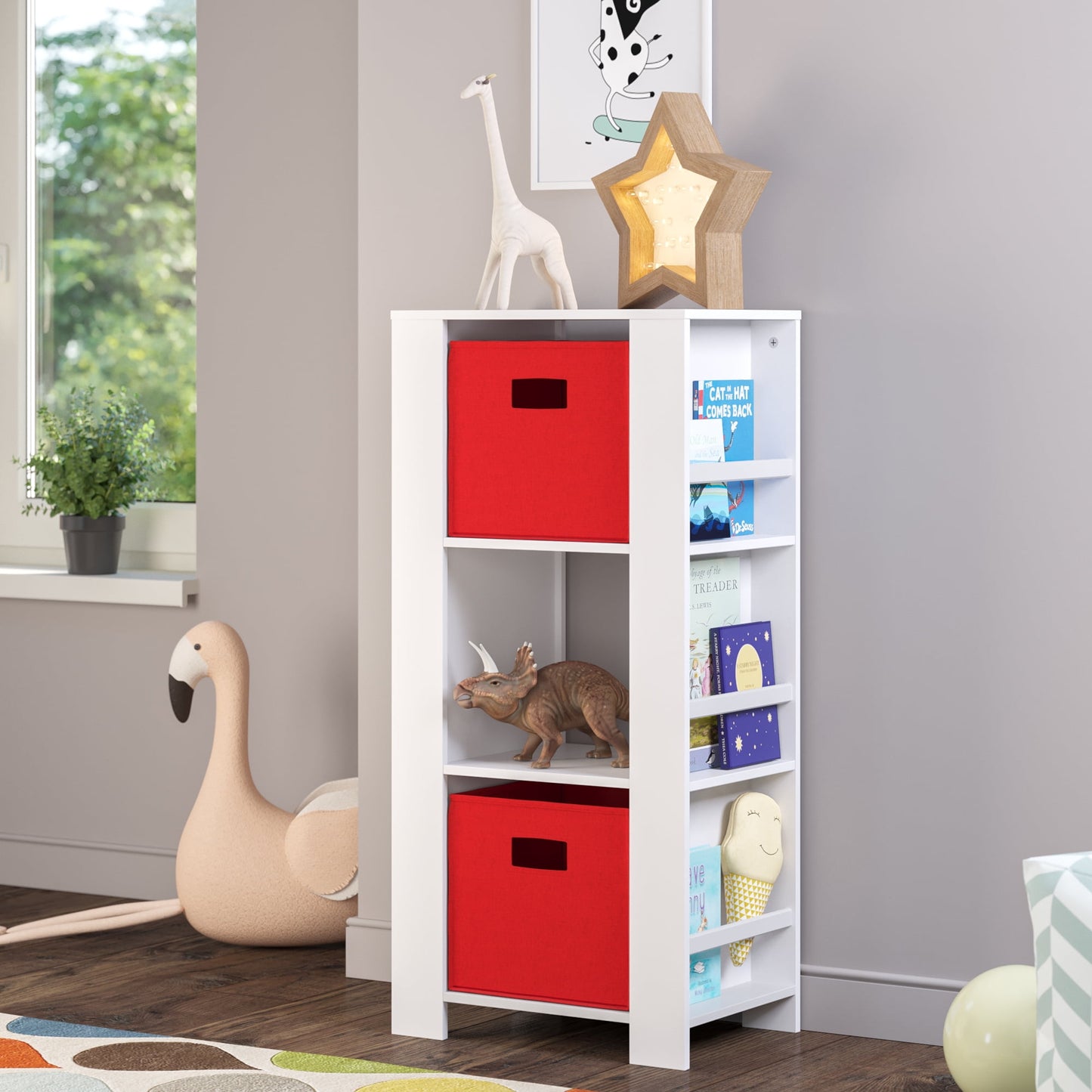 RiverRidge Kids Bookshelf Toy Organizer Tower with 3 Cubbies 6 Bookracks and 2 Red Bins