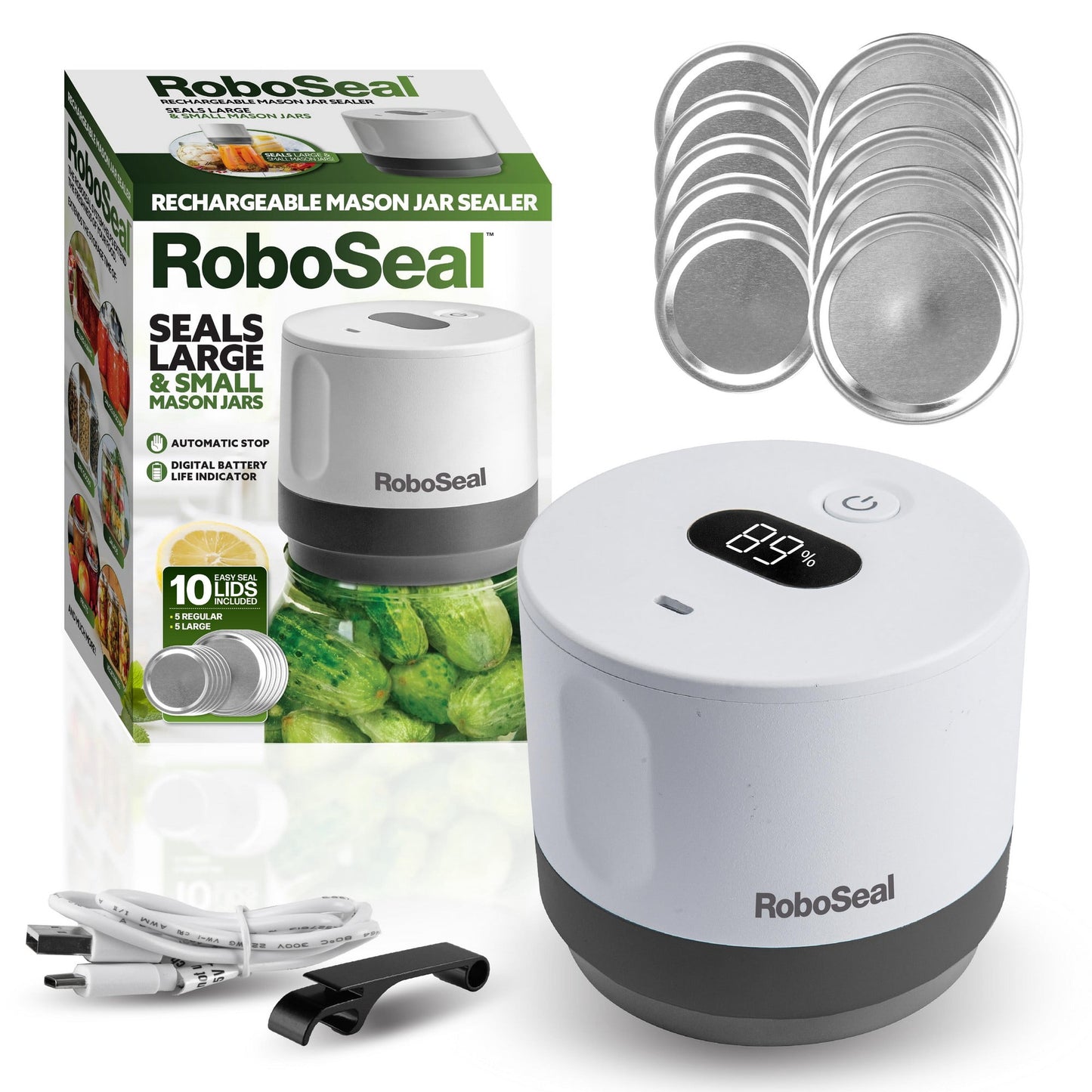 RoboSeal Kit de Sellador Al VacÃ­o Recargable para Frascos Mason con 10 Tapas - OperaciÃ³n de 1 Toque, Conservador de Alimentos con Parada AutomÃ¡tica