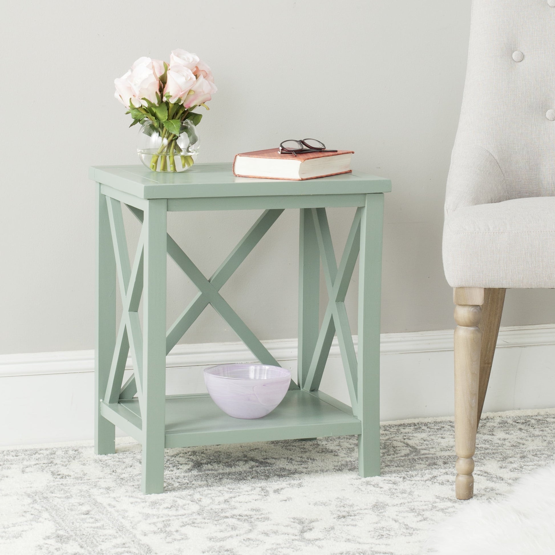 SAFAVIEH Candence Nautical Cross Back End Table, Dusty Green