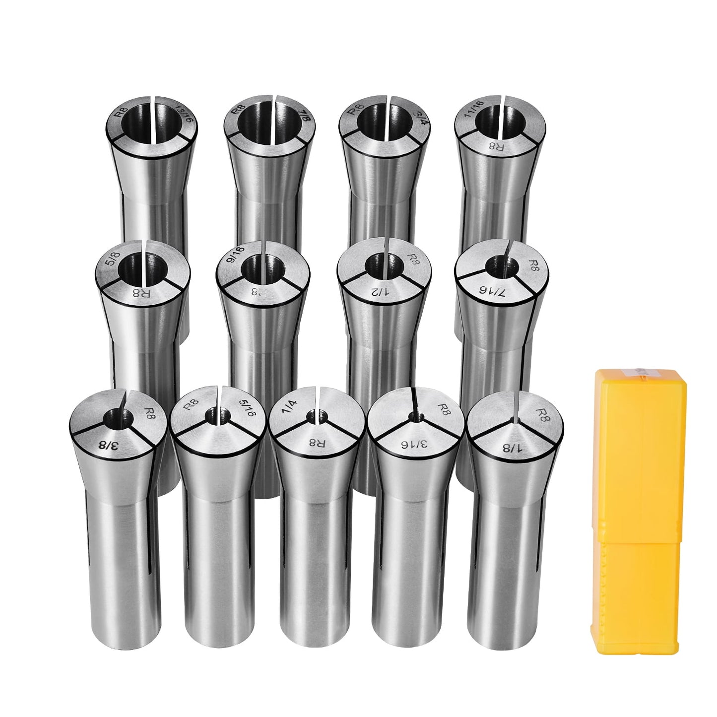 SKYSHALO 13-Piece R8 Collet Set, Sizes 1/8'' to 7/8'', Crafted from 45# Steel, Precision within 0.0012''/30Î¼m TIR, Includes Labeled Storage Cases, Suitable for Milling Machines, Drill Presses