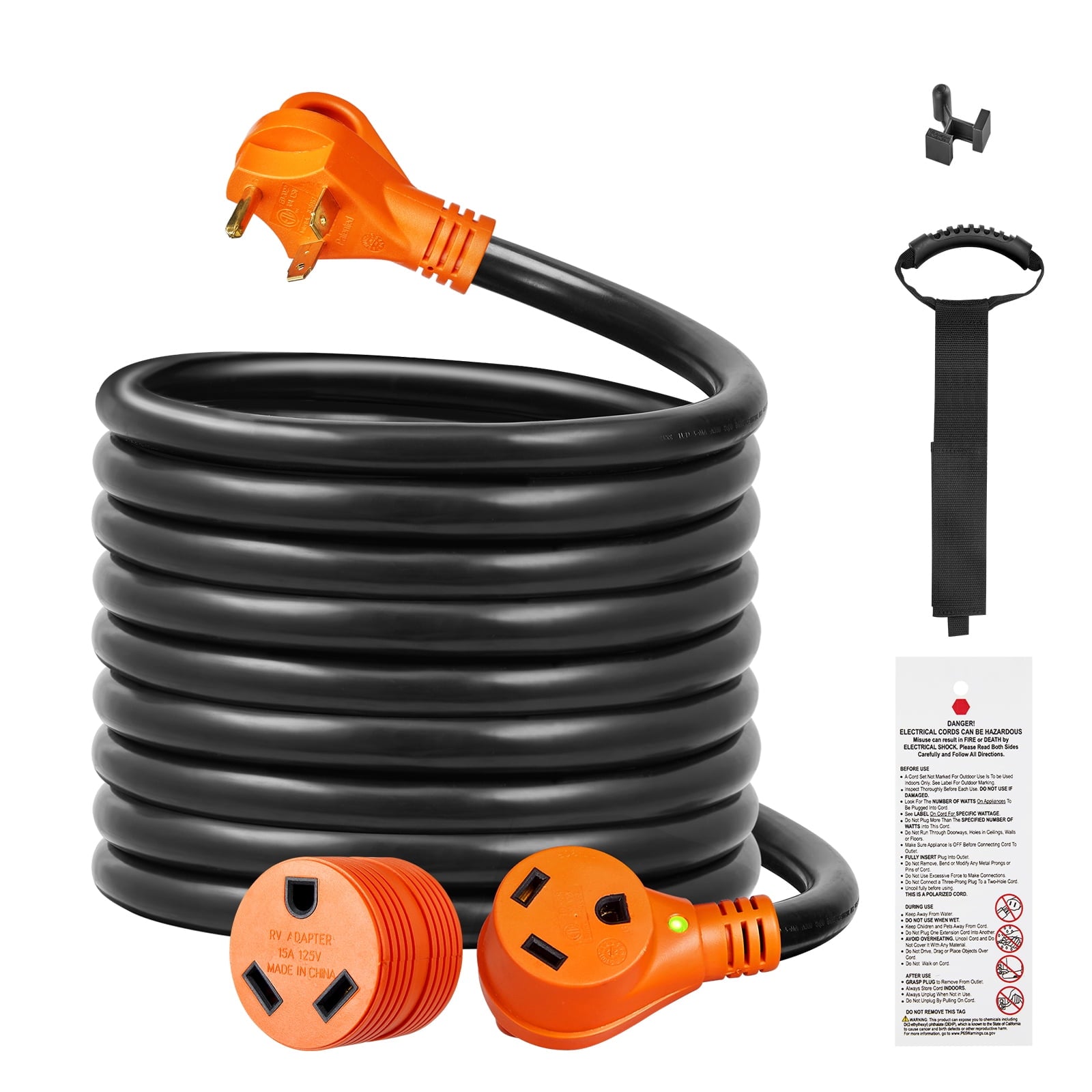 KFFKFF 25 ft 30A Extension Cable for RV, Durable STW Power Cable, NEMA TT-30R to TT-30P, Includes LED Handle & 15A Adapter, Suitable for RVs, Trailers, Generators, ETL Certified