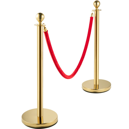 SKYSHALO 4Pcs Stainless Steel Stanchion Posts 2 Red Velvet Ropes Gold 38In Crowd Control Barrier with 5FT Rope for Theaters, Party, Wedding, Exhibition, Ticket Offices, Crowd Control