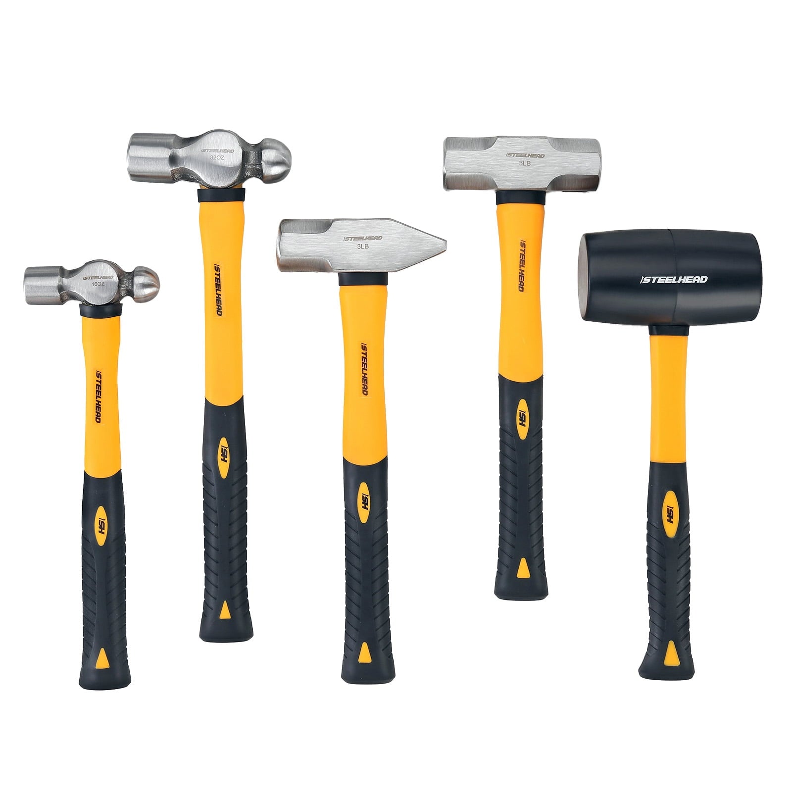 STEELHEAD 5-Piece Fiberglass Handle Hammer & Mallet Set, 16oz Ball-Peen Hammer, 32oz Ball-Pein Hammer, 32oz Rubber Mallet, 3lb Sledge Hammer, 3lb Cross-Pain Hammer