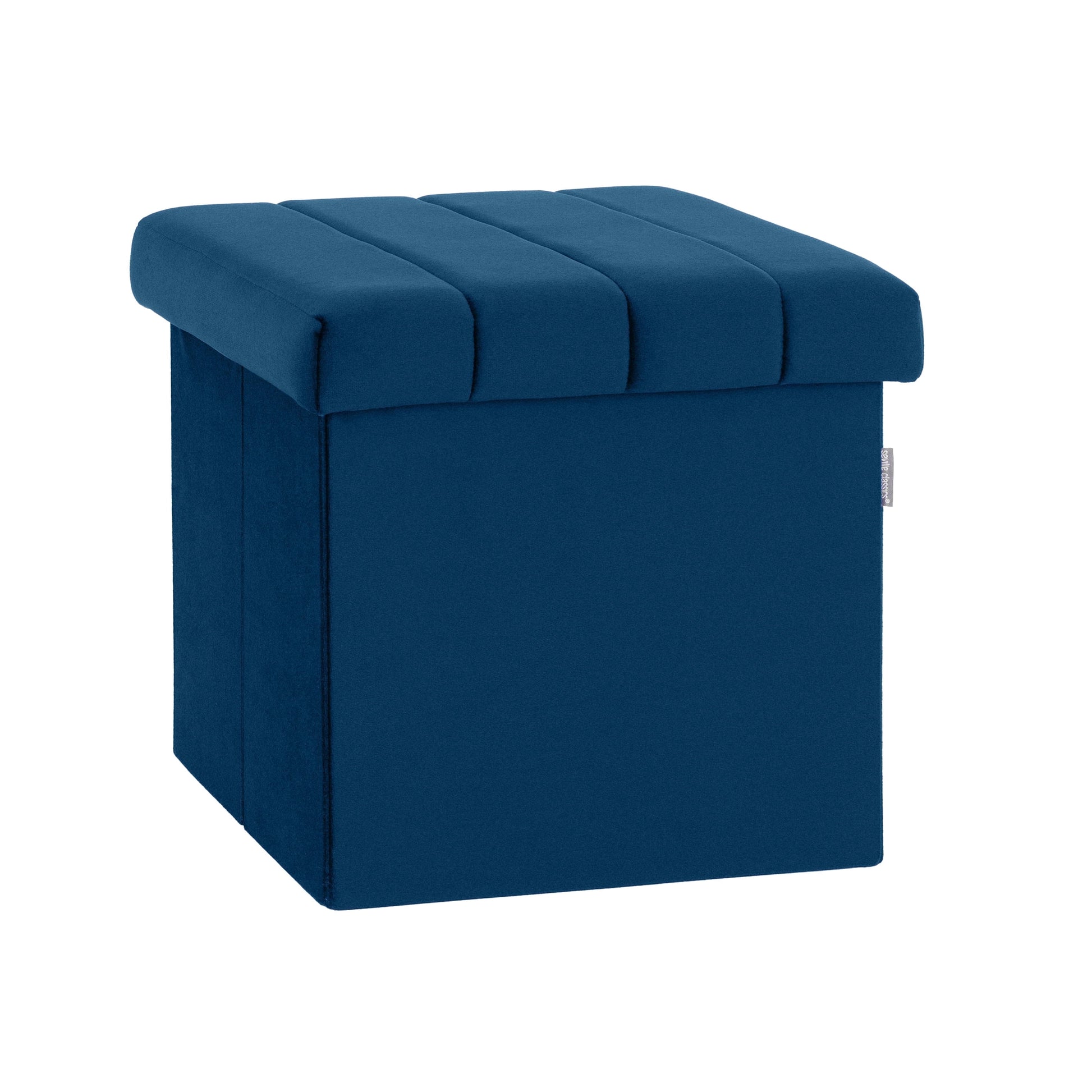 Seville Classics Cushioned Fabric Ottoman Hidden Storage Chest Footrest Chair for Bedroom, Dorm, Loft, Living Room, Entryway, Hallway, Blue Velvet, 15.7" Cube