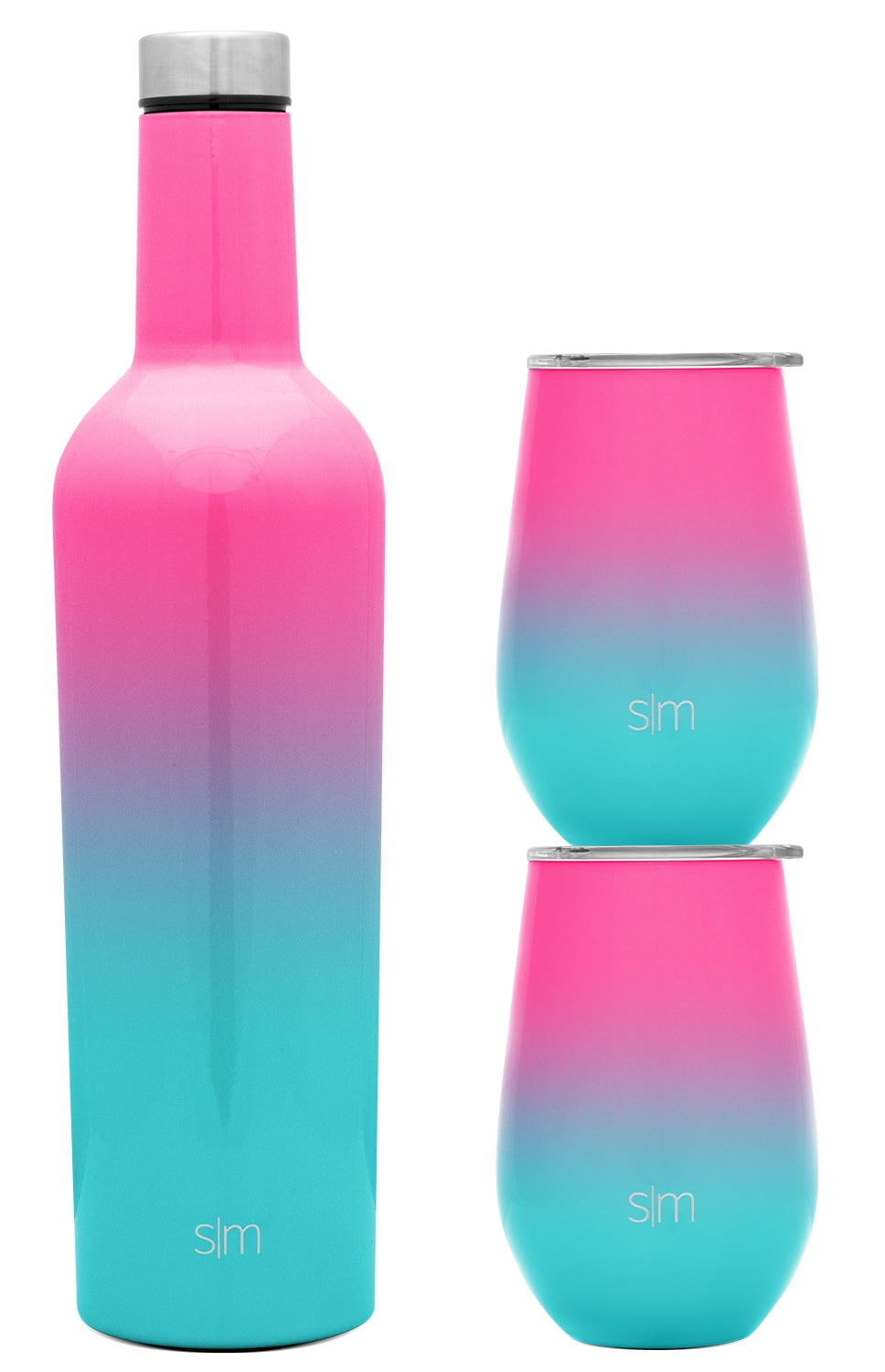 Simple Modern Spirit Wine Bundle - 2 Vasos de Vino de 12oz. con Tapas y 1 Botella de Vino - Aislado Al VacÃ­o 18/8 Acero Inoxidable Ombre: Sorbete