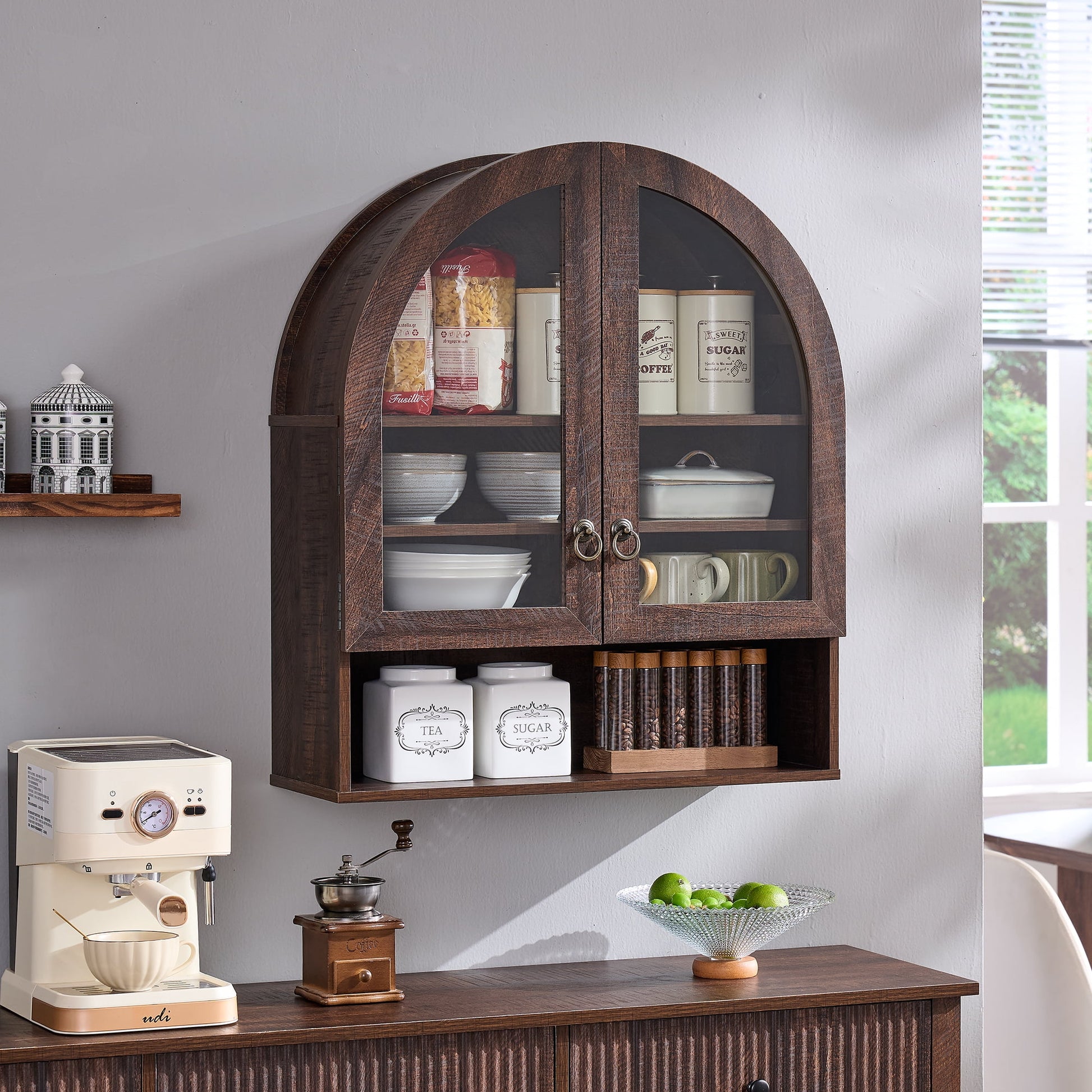 SinCiDo Arched Wall Cabinet with Adjustable Shelves & Glass Doors, Brown