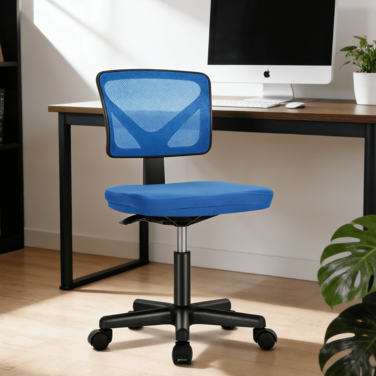 Kelno Small Desk Chair with Wheels Armless Low-Back Office Chair Ergonomic Adjustable Computer Desk Chair with Lumbar Support,Blue