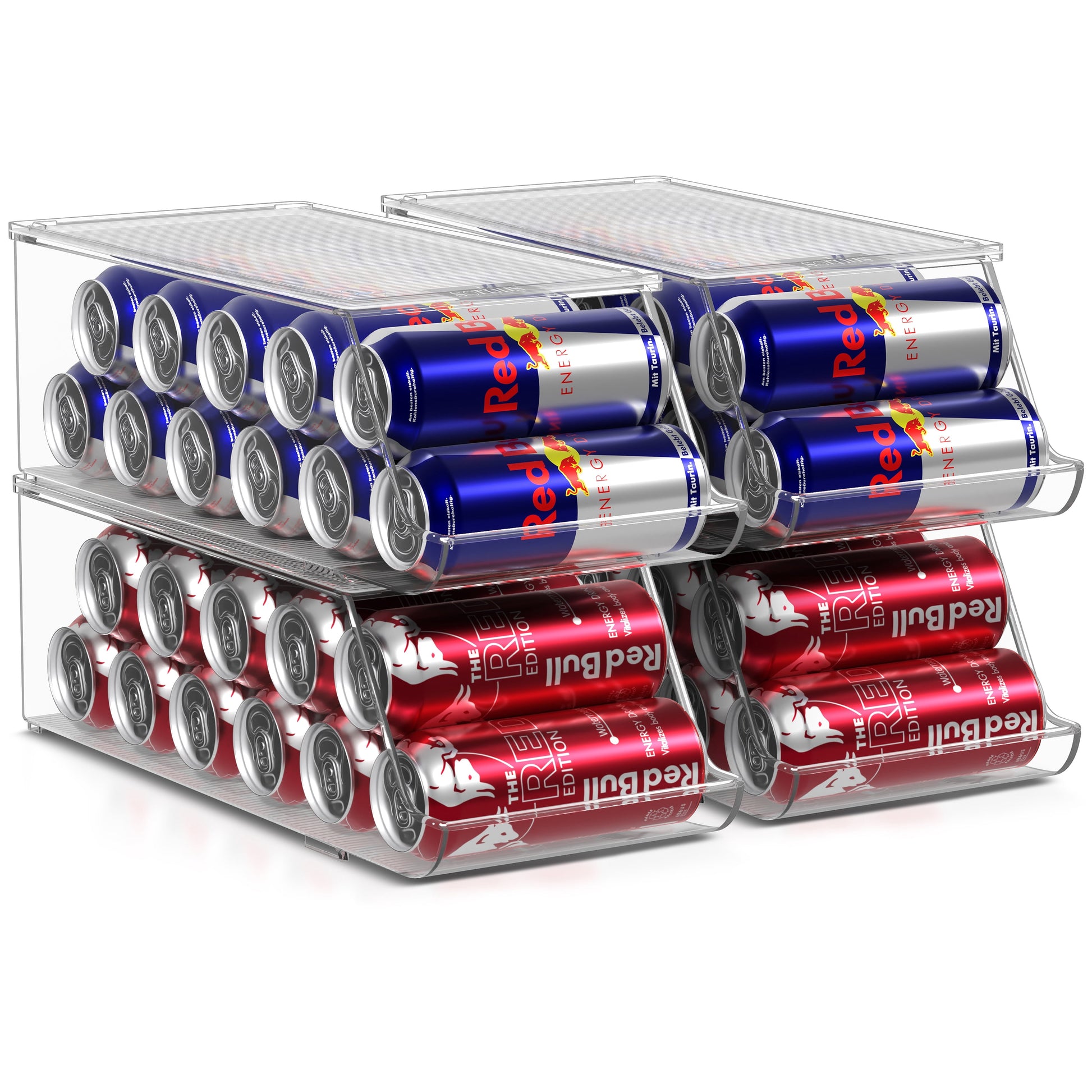Sorbus Skinny Soda Can Organizer, Stackable Slim Fridge Dispenser with Lid, Clear BPA-Free, 4-Pack