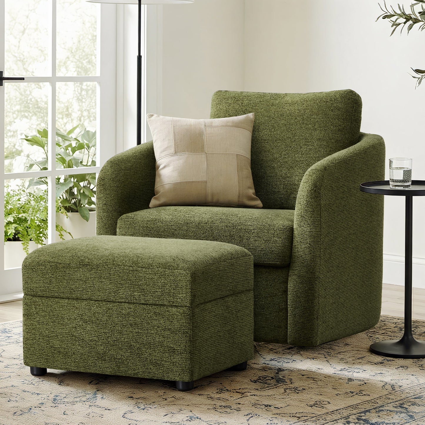 Spruce & Spring Modern Upholstered Jacquard Ottoman Footrest for Living Room, Green