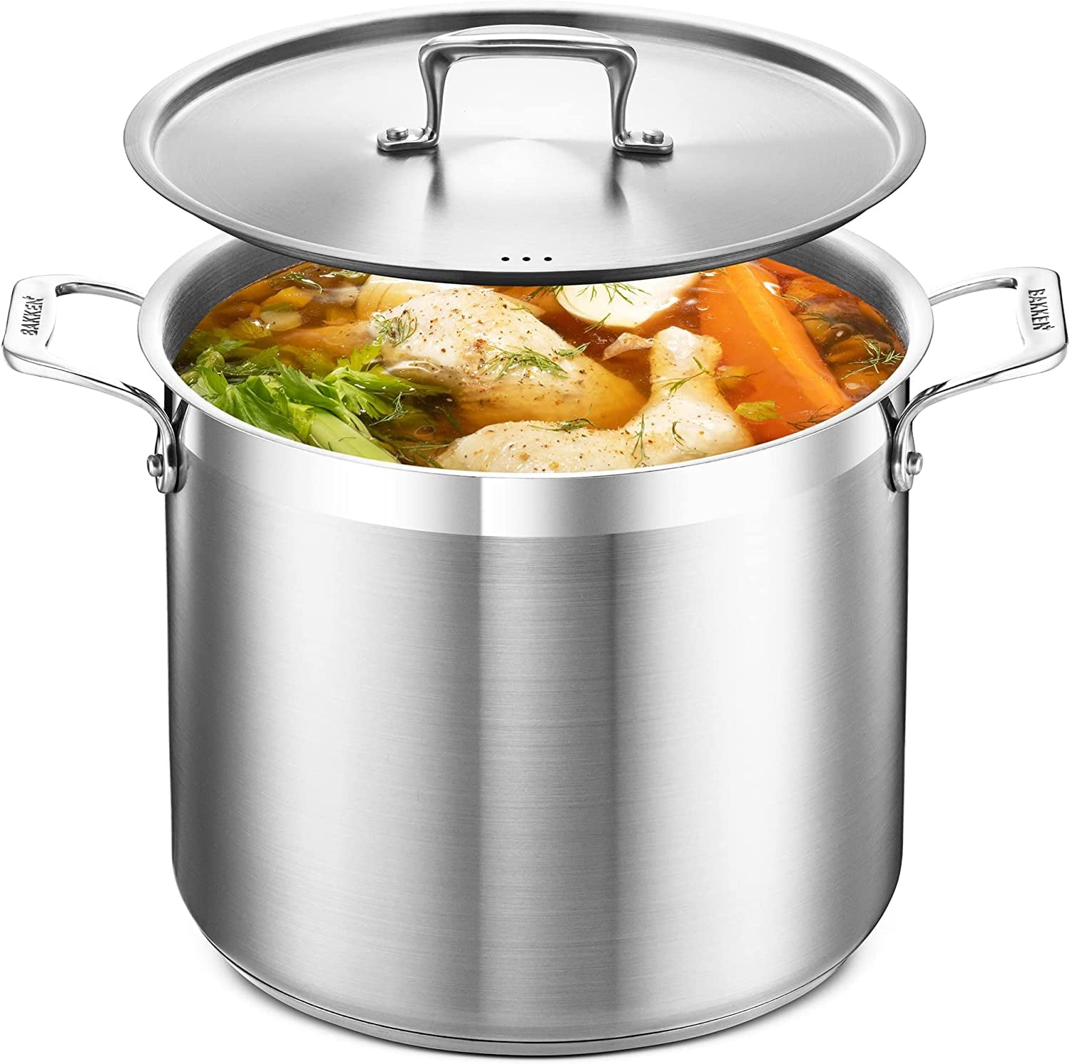 Stockpot â€“ 12 Quart â€“ Brushed Stainless Steel â€“ Heavy Duty Induction Pot with Lid and Riveted Handles â€“ For Soup, Seafood, Stock, Canning and for Catering for Large Groups and Events by BAKKEN