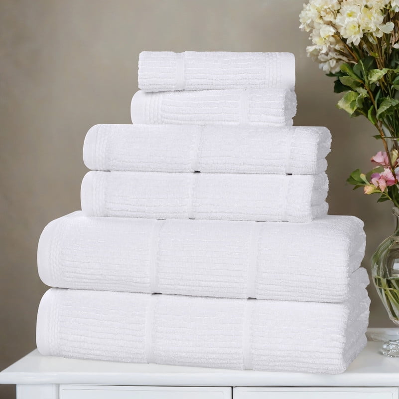 Superior Milo 6 Piece Smart Twist Cotton Towel Set, Medium Weight Ribbed Design Towels, White